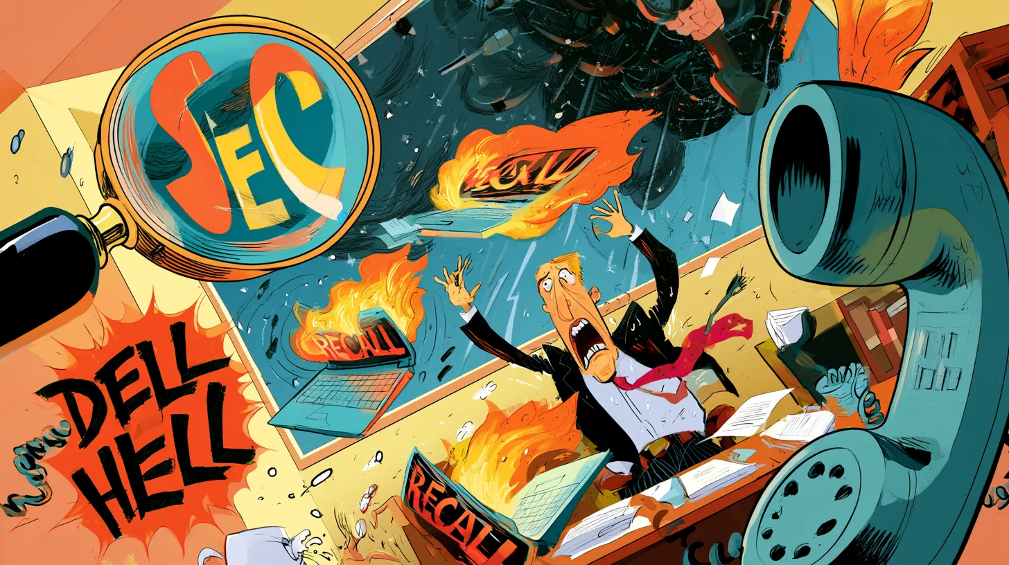 Executive among burning laptops marked Recall under an SEC magnifying glass and the words Dell Hell