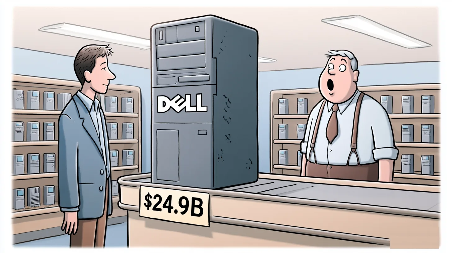 Man buying a giant Dell computer tower at a checkout counter with a $24.9B price tag