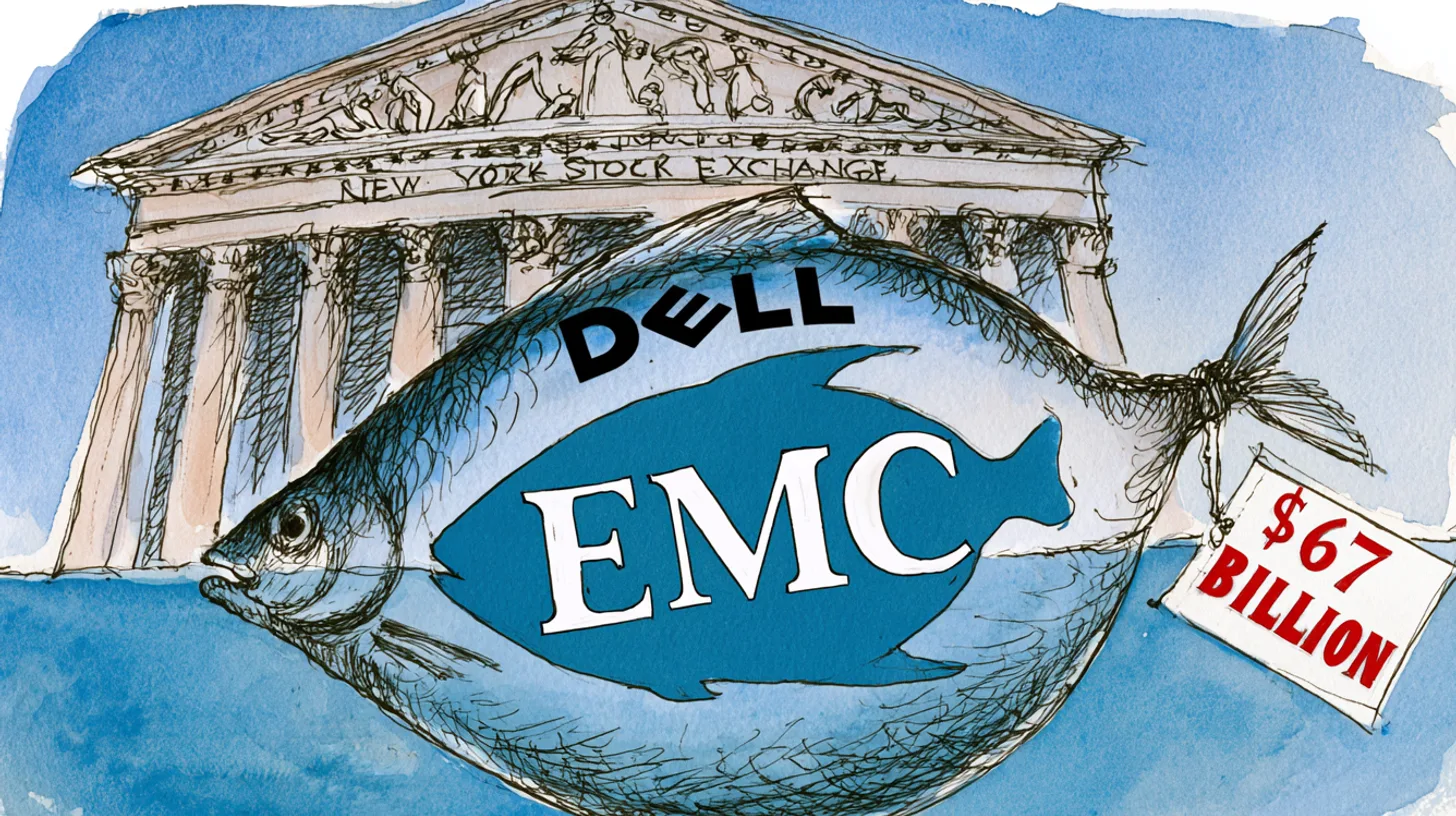 Fish labelled Dell with a bulging belly holding a larger fish labelled EMC, tagged $67 billion