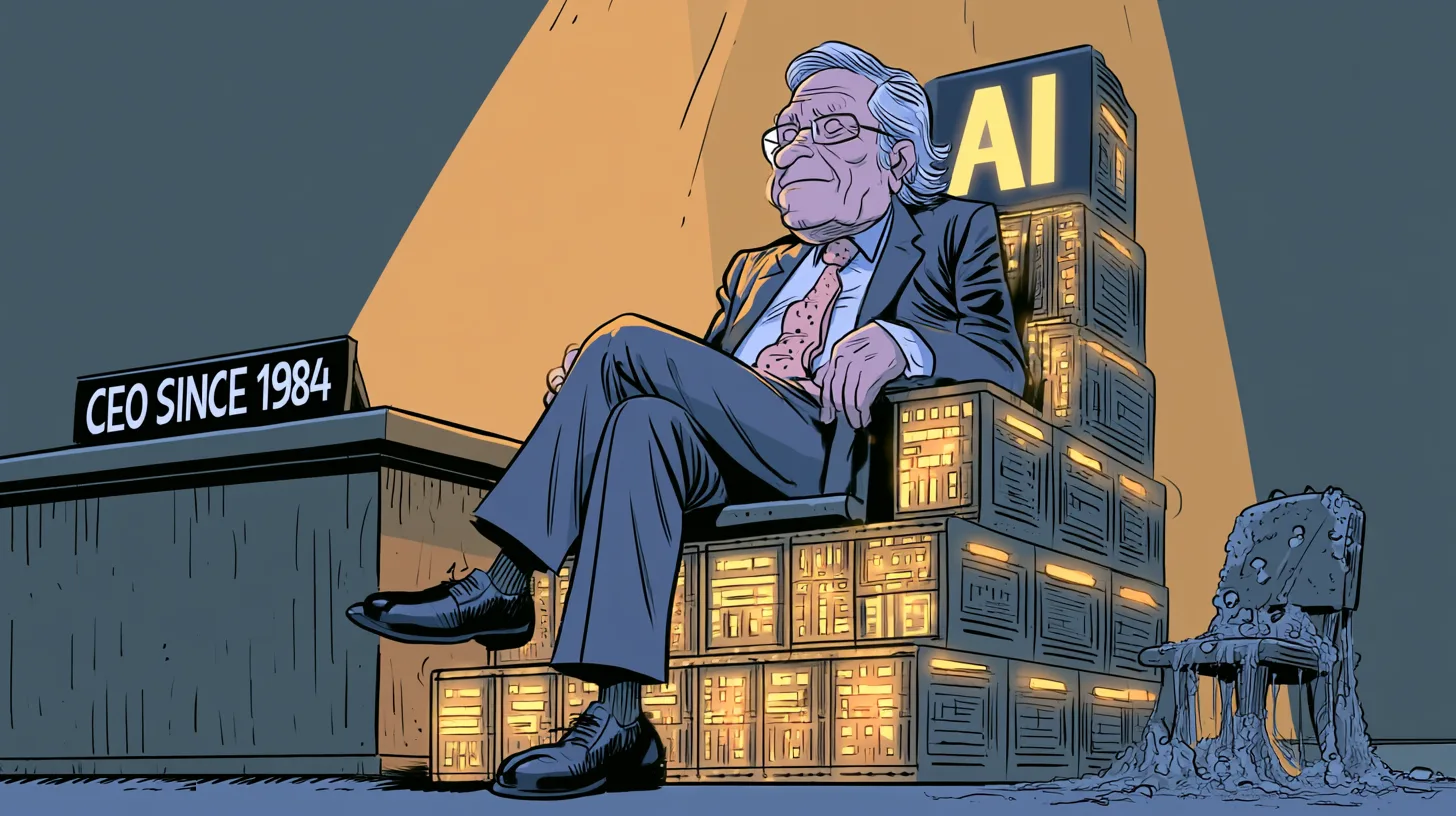 Older Michael Dell seated on stacked glowing AI servers beside a nameplate reading CEO since 1984