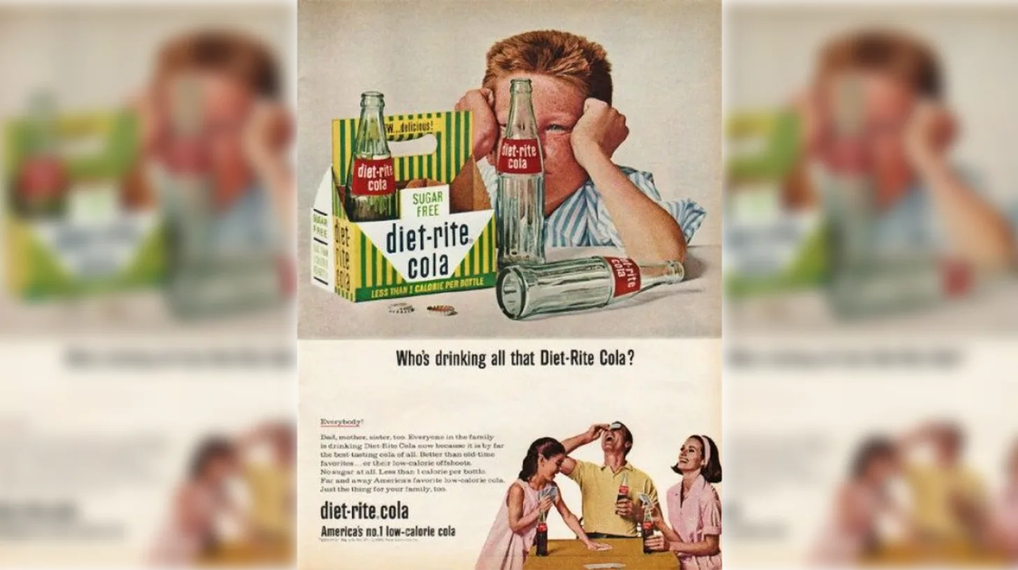 1963 Diet Rite Cola magazine ad of a freckled boy peeking over empty bottles, asking who's drinking all that Diet-Rite Cola