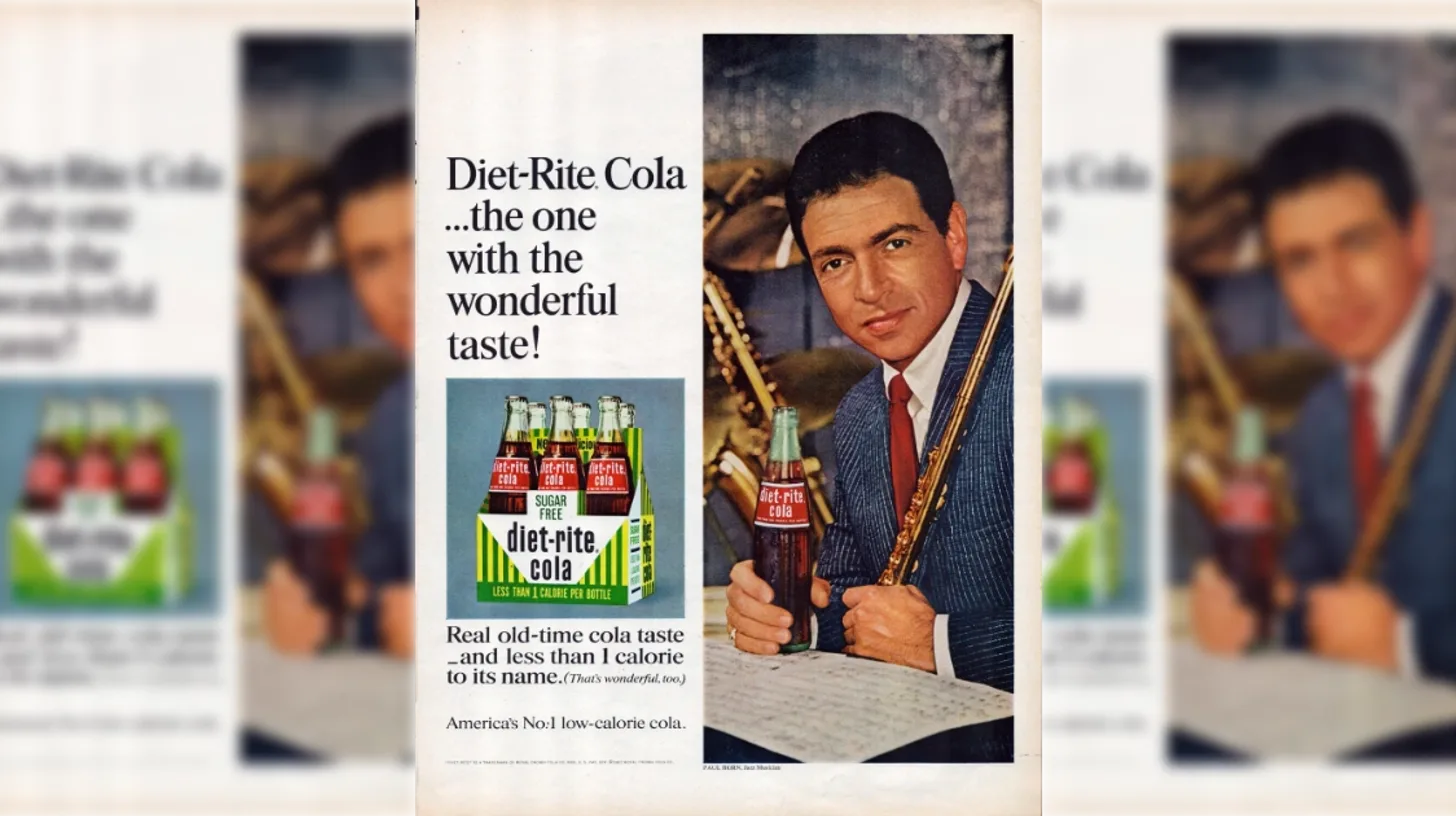 1967 Diet Rite Cola ad featuring jazz musician Paul Horn holding a bottle beside sheet music