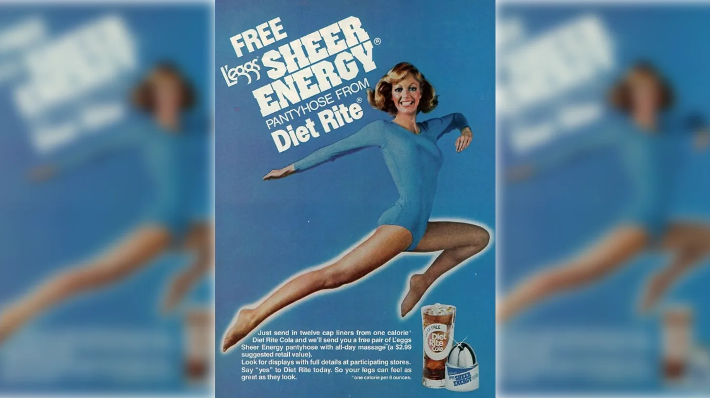 1977 ad offering free L'eggs Sheer Energy pantyhose from Diet Rite, with a woman leaping in a blue leotard