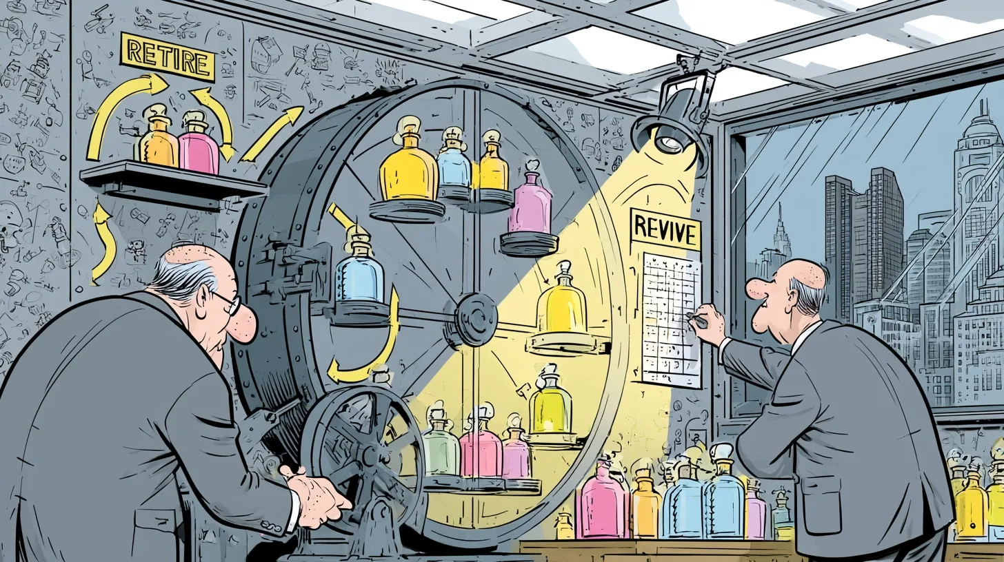 Cartoon of executives running a retire and revive wheel of scent bottles