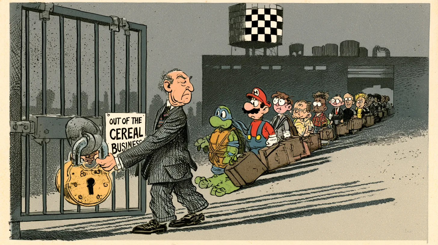 Cartoon of a stern executive padlocking a factory gate posted Out of the Cereal Business while a Ninja Turtle, a mustachioed plumber and other mascots file out with suitcases under a checkerboard water tower