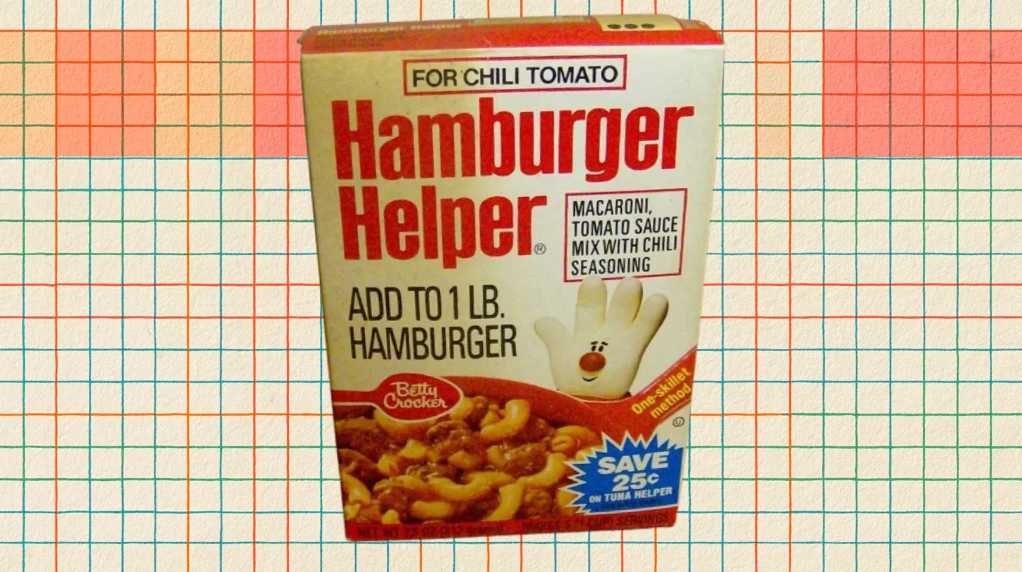 Vintage Hamburger Helper for Chili Tomato box with the Helping Hand mascot and Betty Crocker logo