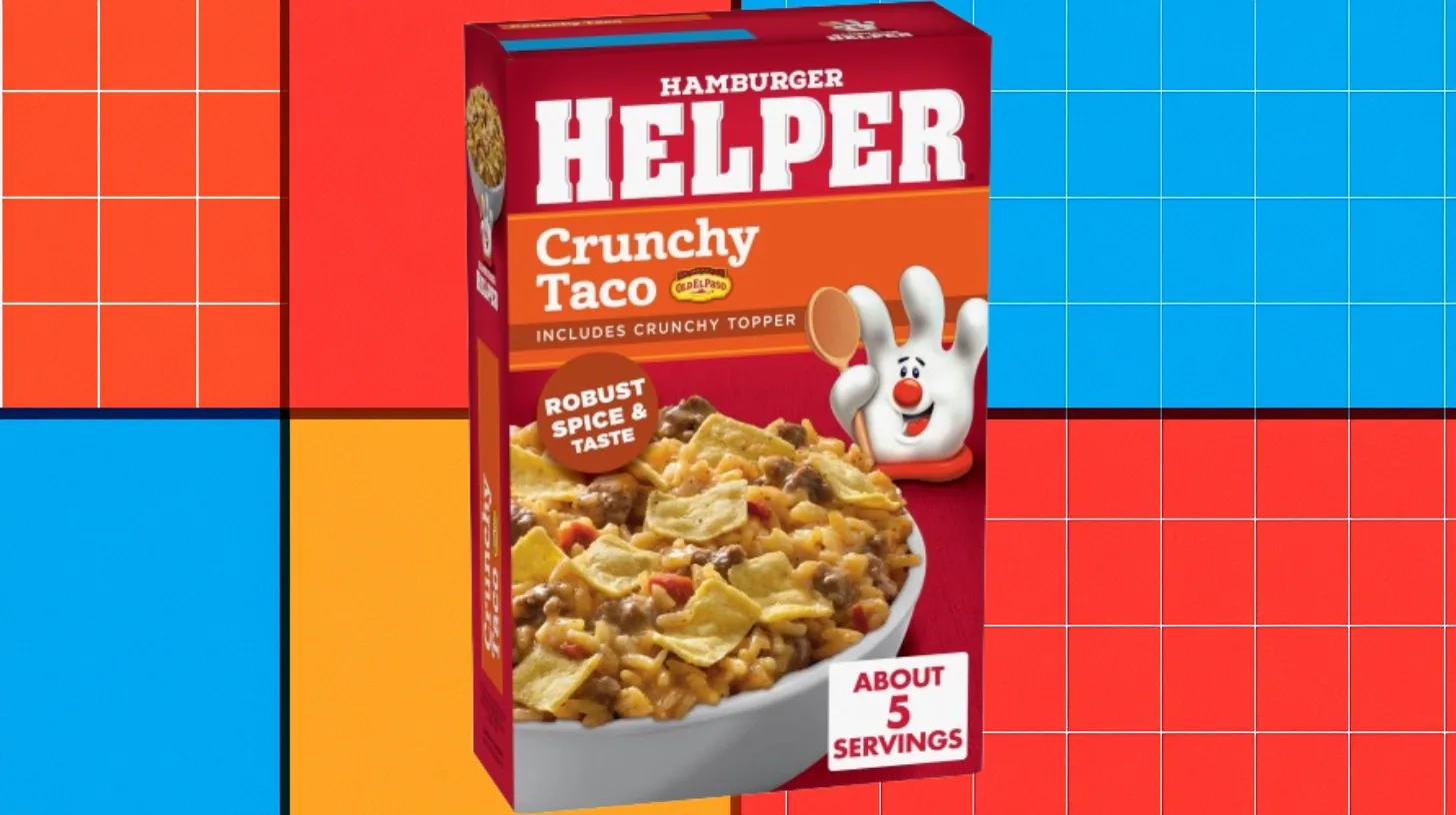 Hamburger Helper Crunchy Taco box with Old El Paso branding and the Helping Hand mascot