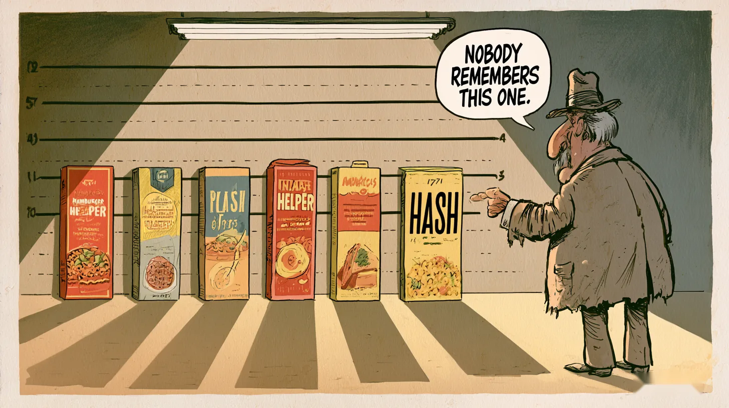 Cartoon police lineup of 1971 Hamburger Helper boxes with the Hash box picked out