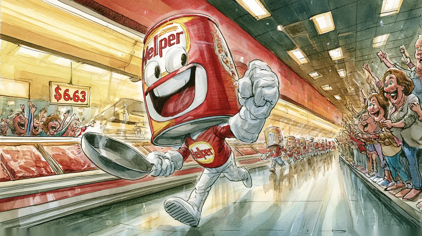 Cartoon of the Hamburger Helper mascot marching past a supermarket meat counter priced at $6.63