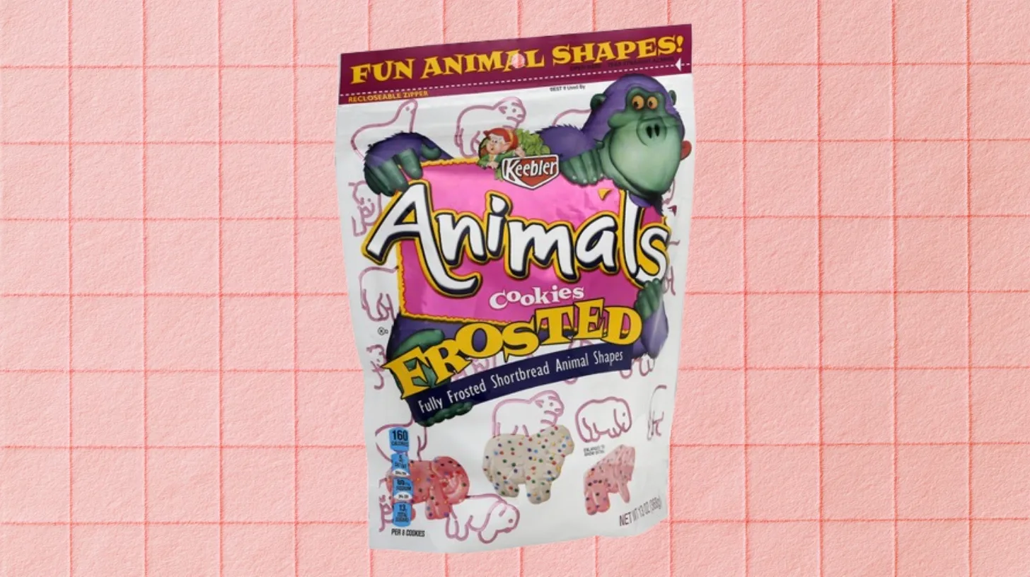 The Frosted Animals bag promised “fully frosted shortbread animal shapes”—gone around 2019 — Keebler Keebler Frosted Animals cookies bag with a gorilla holding the label and pink and white sprinkled shortbread animals