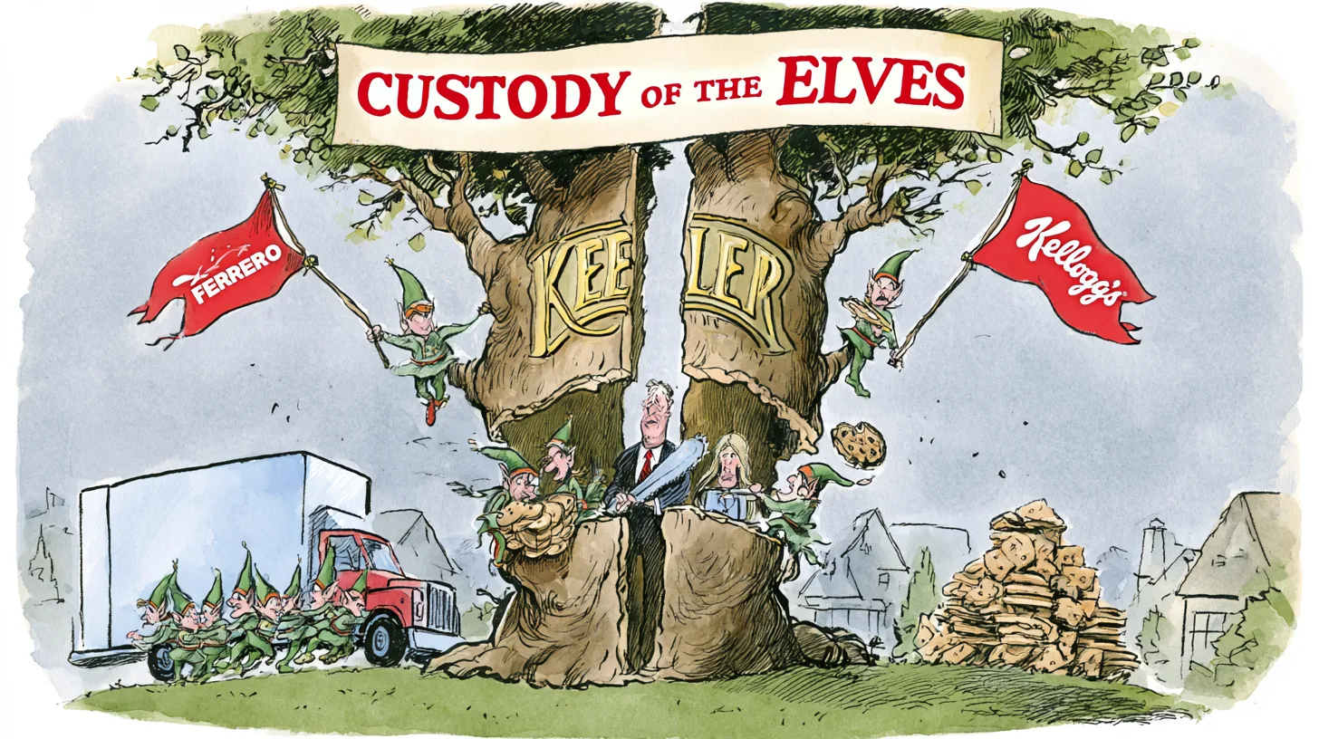 Keebler’s 2019 breakup: Ferrero got the cookies, Kellogg’s kept the crackers © History Oasis Cartoon of Keebler’s 2019 split, with Ferrero taking the cookies and Kellogg’s keeping the crackers