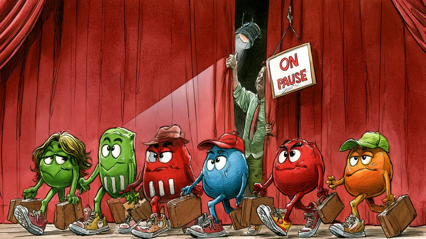 The spokescandies exit stage left during their January 2023 pause © History Oasis Cartoon of six M&M’s spokescandies in sneakers carrying suitcases offstage past an ON PAUSE sign