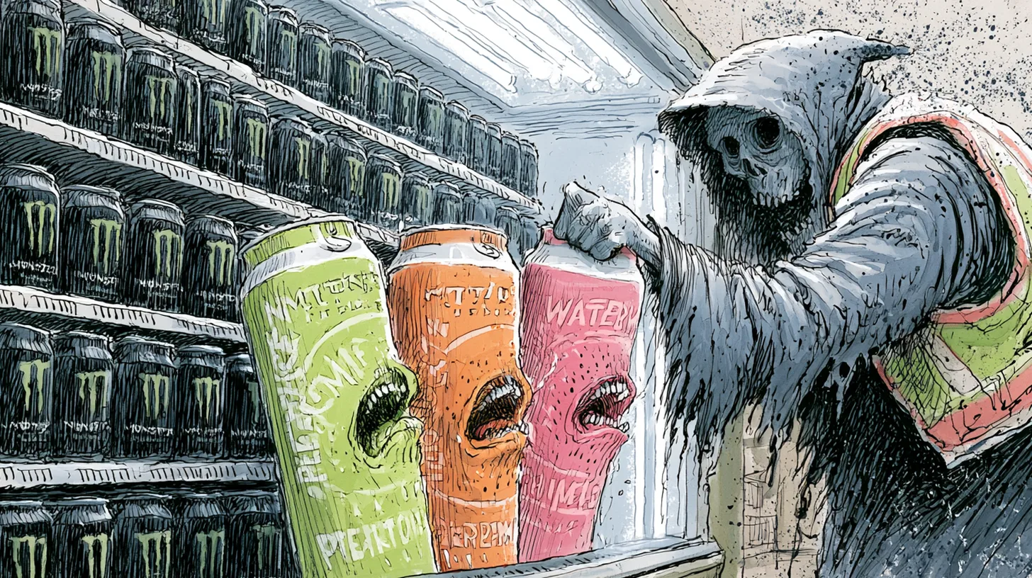 The 2026 cuts — Reserve Peaches n' Crème, Orange Dreamsicle, and Ultra Watermelon — meet the reaper © History Oasis Cartoon of a grim reaper pulling three discontinued Monster flavors from a cooler shelf