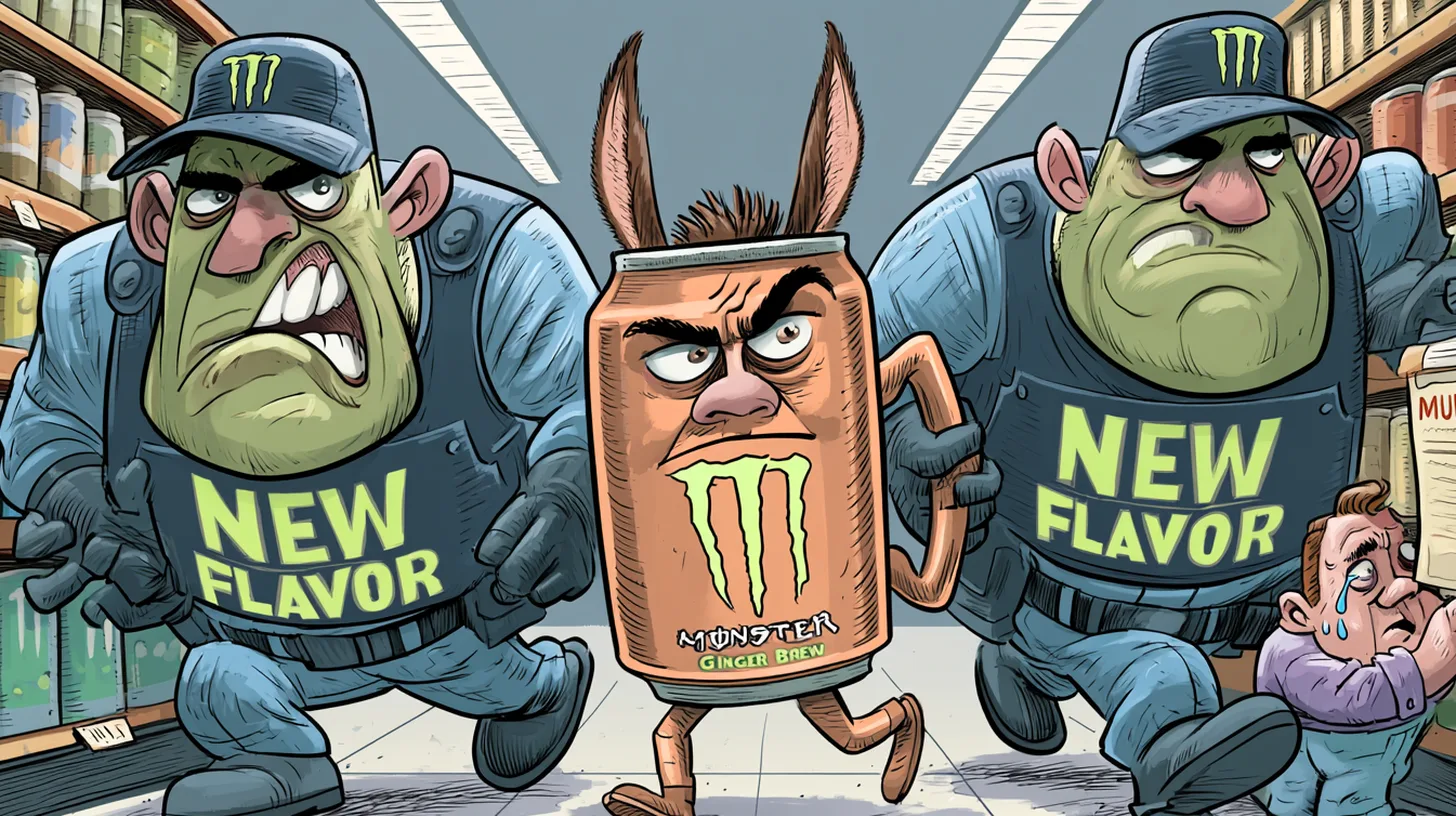 Monster Mule, escorted off the shelf to make room for new flavors © History Oasis Cartoon of the copper Monster Mule ginger brew can escorted out by New Flavor security guards
