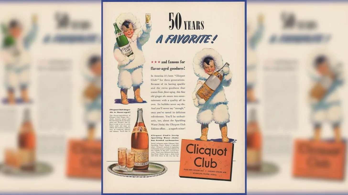 1940 Clicquot Club ginger ale magazine ad with Kleek-O Eskimo mascots celebrating 50 years
