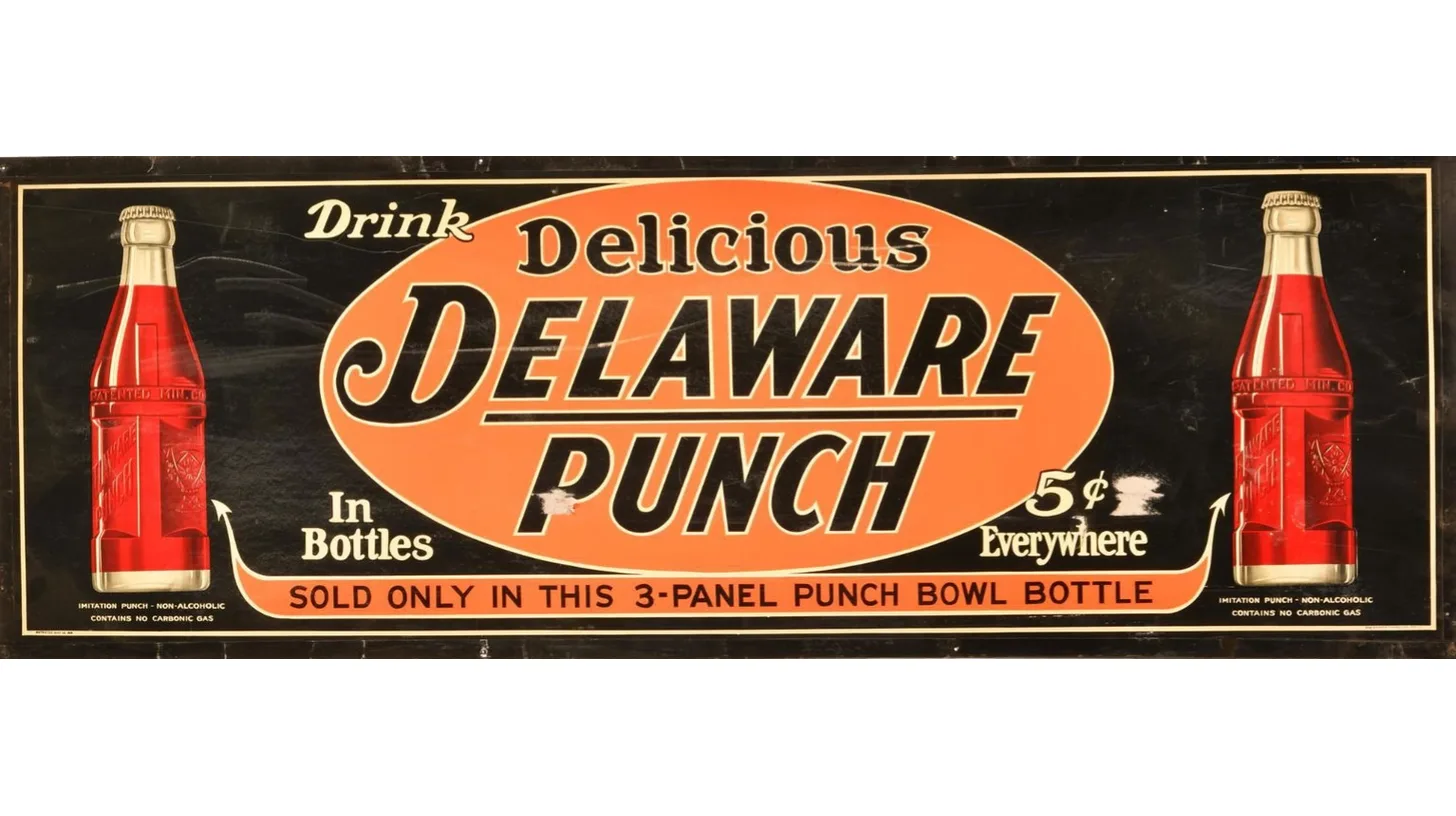 Vintage Delaware Punch sign advertising the non-carbonated grape drink at five cents in its punch bowl bottle