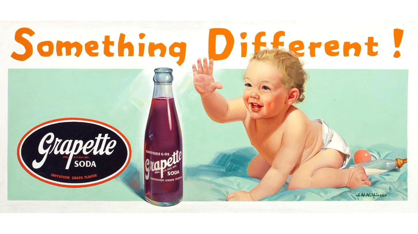 J Walter Wilkinson 1944 Grapette Soda billboard painting of a baby reaching past a six-ounce bottle