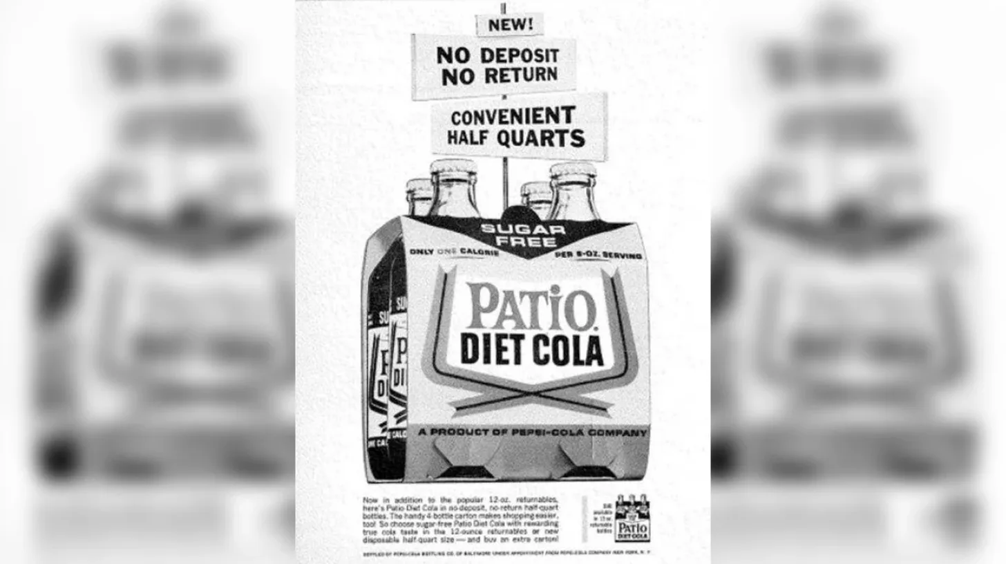 Black-and-white 1960s Patio Diet Cola print ad showing a four-bottle carton of sugar-free half-quarts