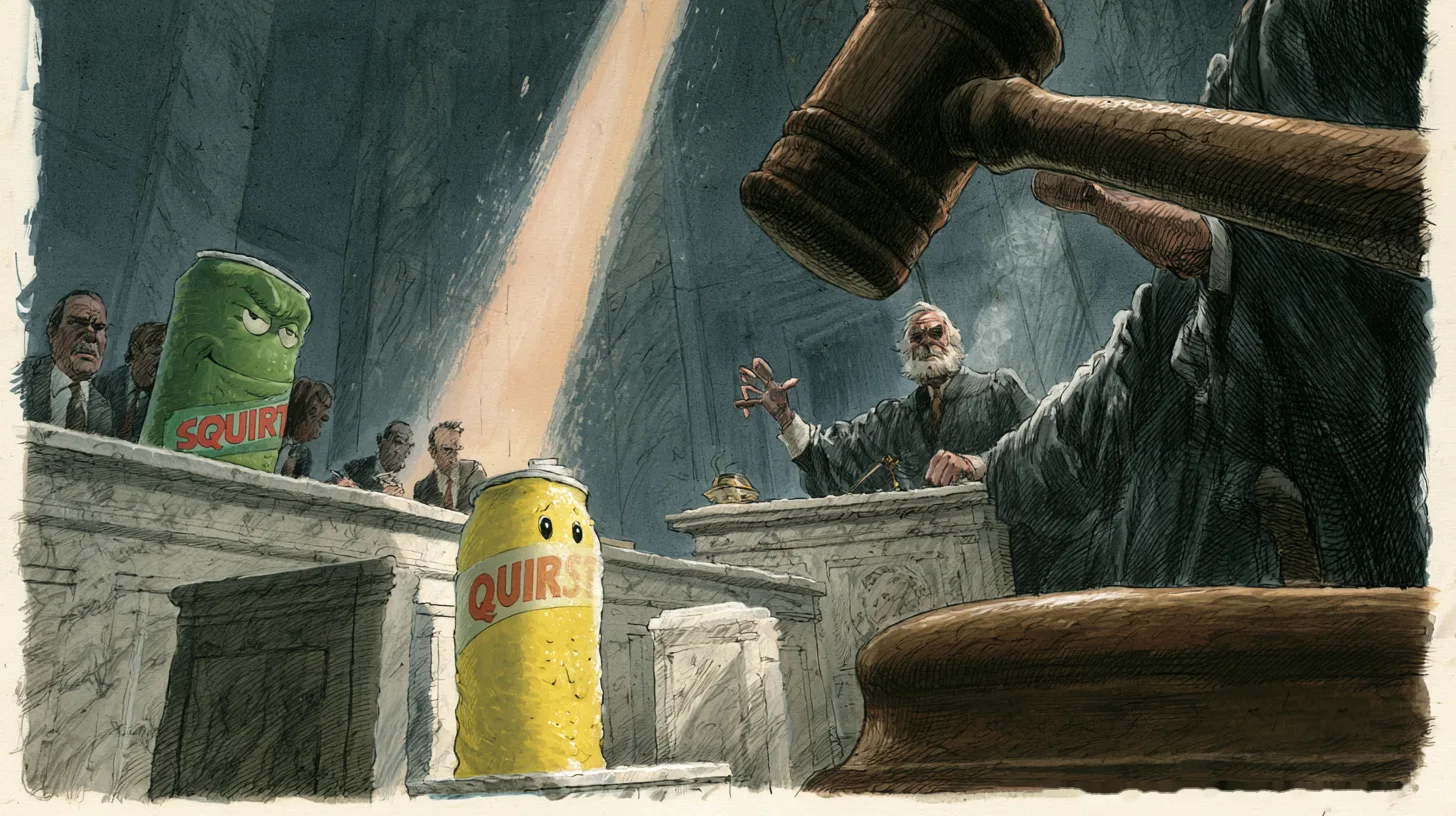 Cartoon courtroom scene with a judge's gavel descending over a nervous yellow Quirst can as a green Squirt can watches from the plaintiff's bench