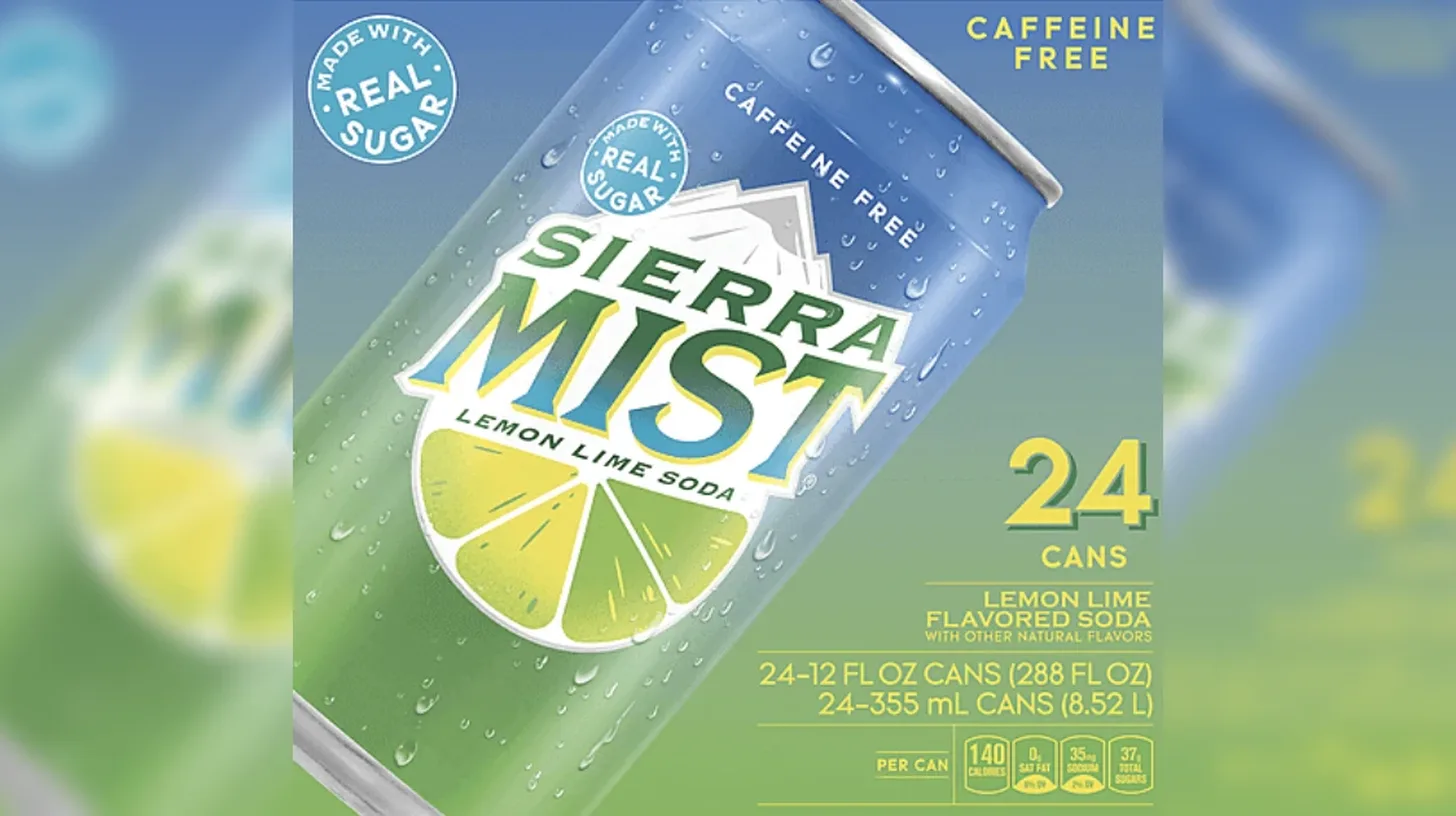 Sierra Mist lemon-lime soda can with a Made With Real Sugar badge on 24-can case artwork