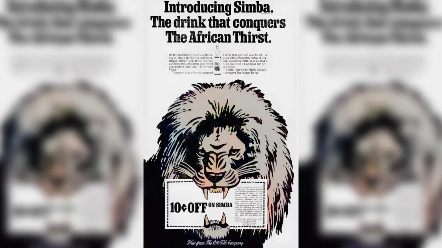 1969 Simba soda print ad with a lion illustration reading Introducing Simba the drink that conquers the African Thirst