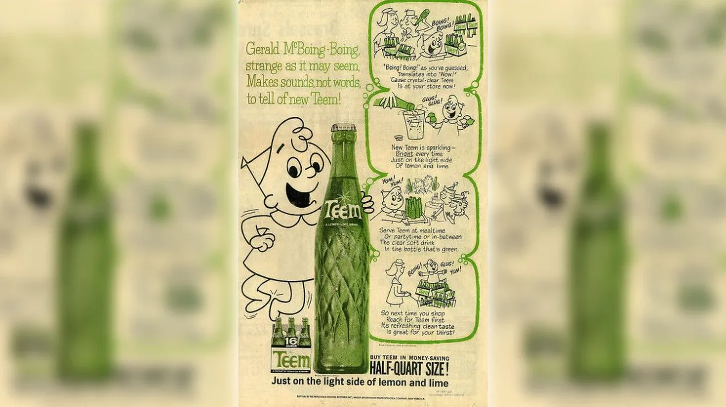 1960s Teem lemon-lime soda print ad with cartoon character Gerald McBoing-Boing beside the green bottle