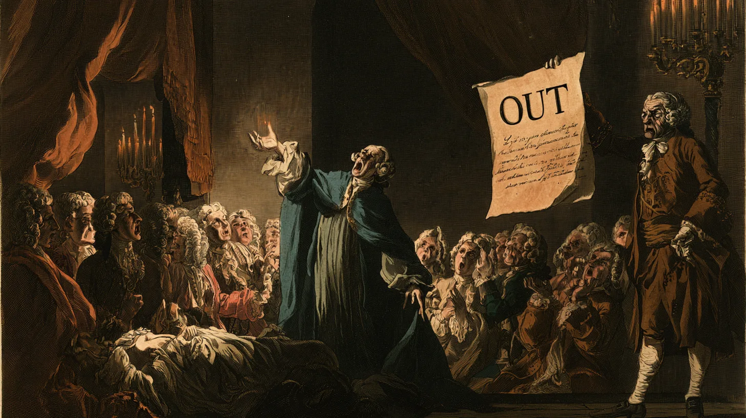 Famous exorcists in history: period-style cartoon of an exorcist commanding a demon out of a swooning patient while an official holds a decree reading OUT