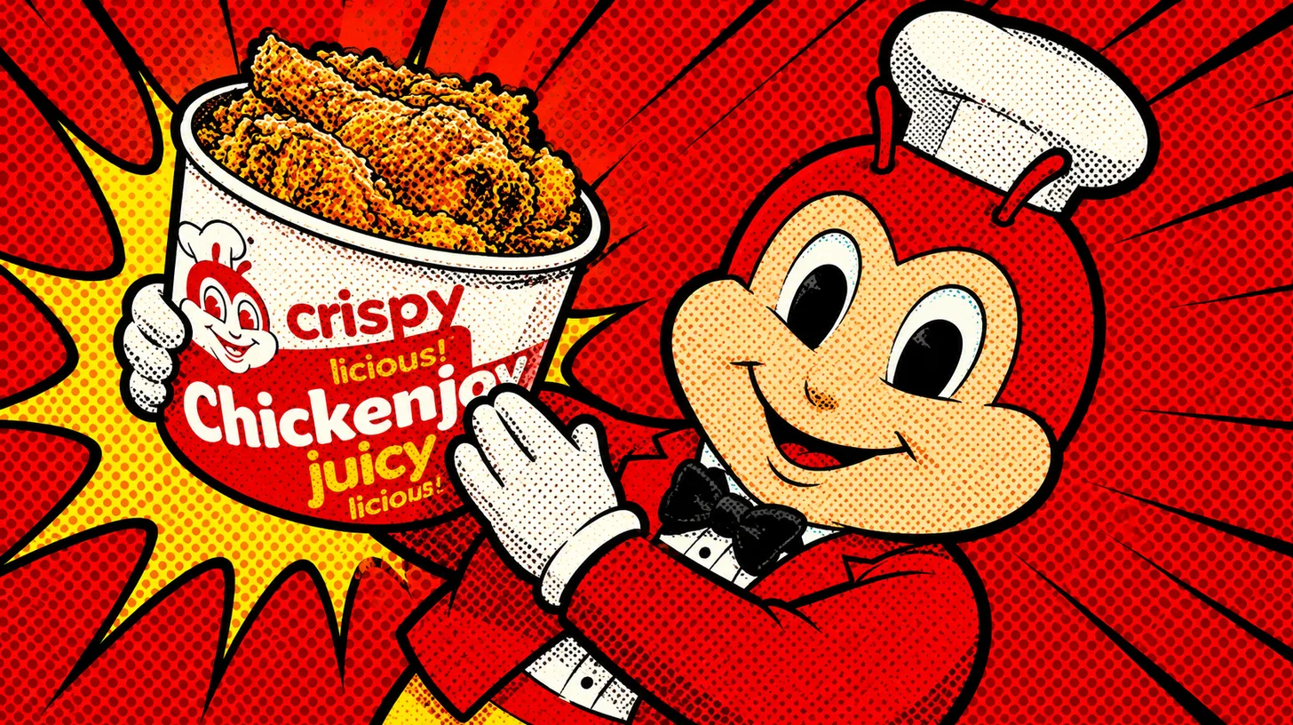 Jollibee's bee mascot with the chain's signature Chickenjoy © History Oasis The Jollibee bee mascot in a chef's hat holding a bucket of Chickenjoy fried chicken