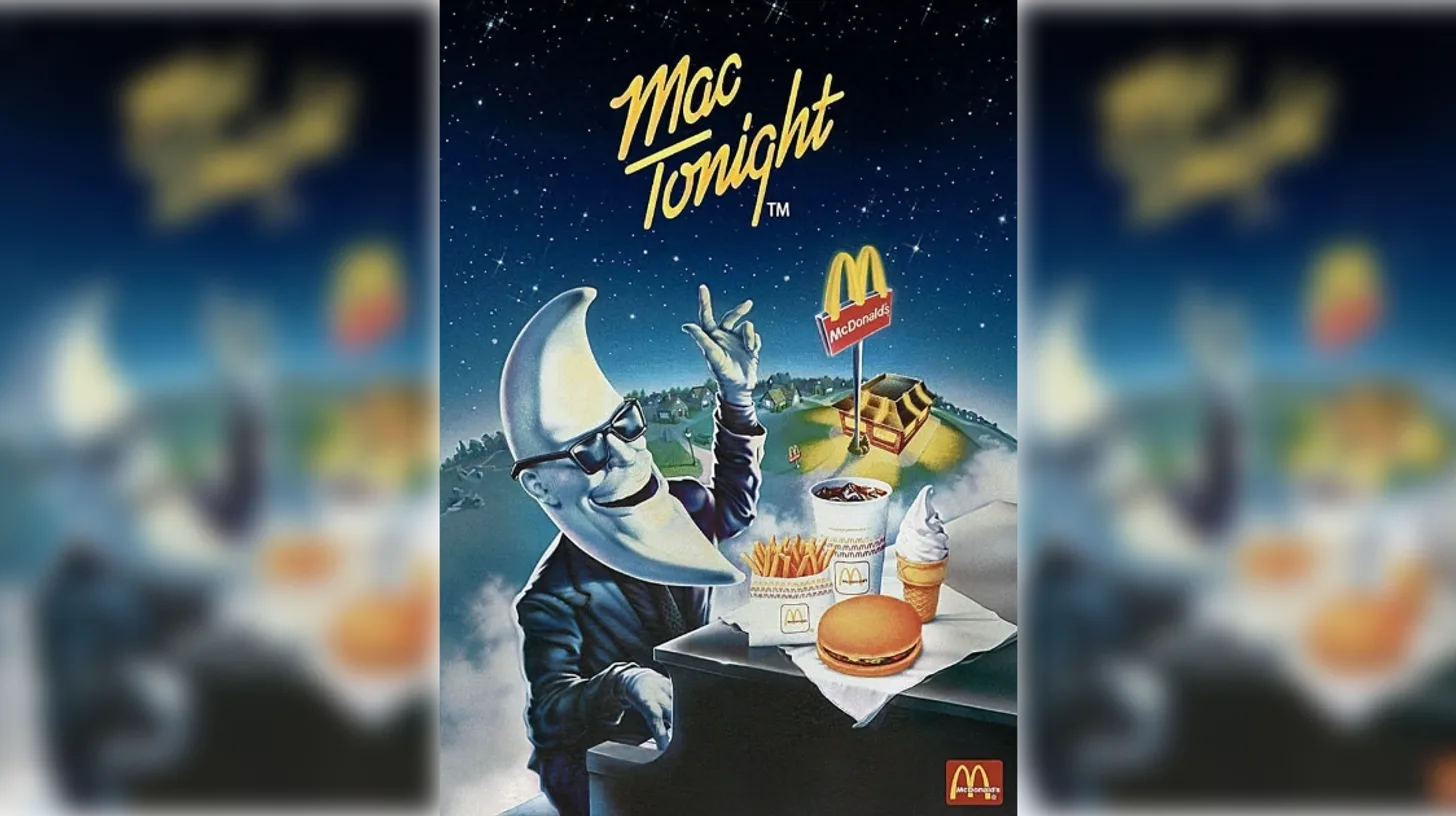 The Mac Tonight campaign poster, McDonald's push for the dinner hours — McDonald's Mac Tonight, the McDonald's crescent-moon mascot in sunglasses, playing a piano beside a burger and fries in a retro poster