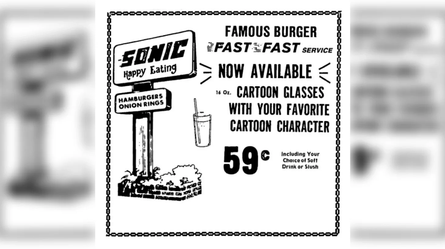 A 1978 Sonic ad — signage and a soft drink, but no mascot to put in a costume — Sonic Drive-In A 1978 Sonic Drive-In newspaper ad showing the Sonic Happy Eating sign and a 59-cent cartoon glass offer
