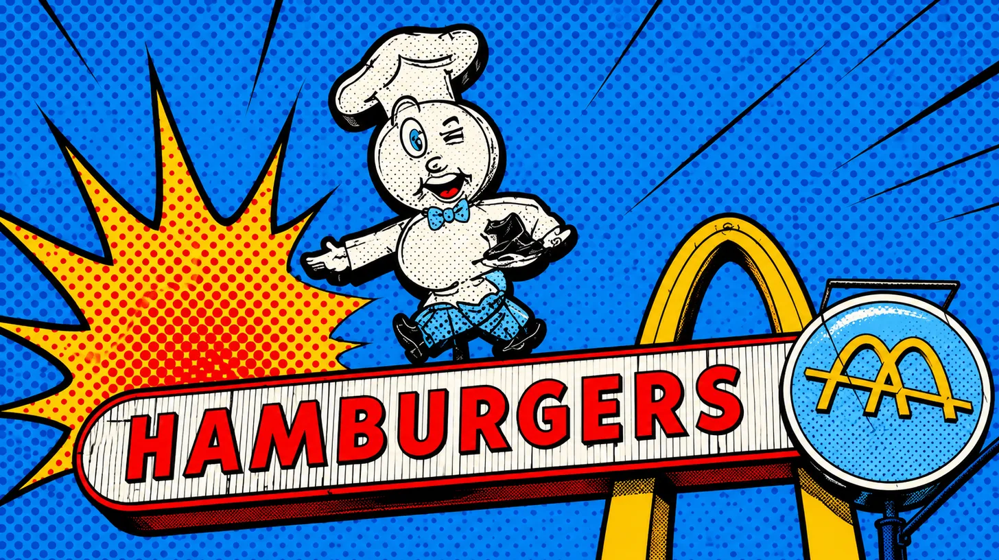 Speedee on the McDonald's hamburger sign he shared with the original single arch © History Oasis Speedee, the winking chef mascot with a hamburger for a head, above a vintage McDonald's HAMBURGERS sign and single golden arch