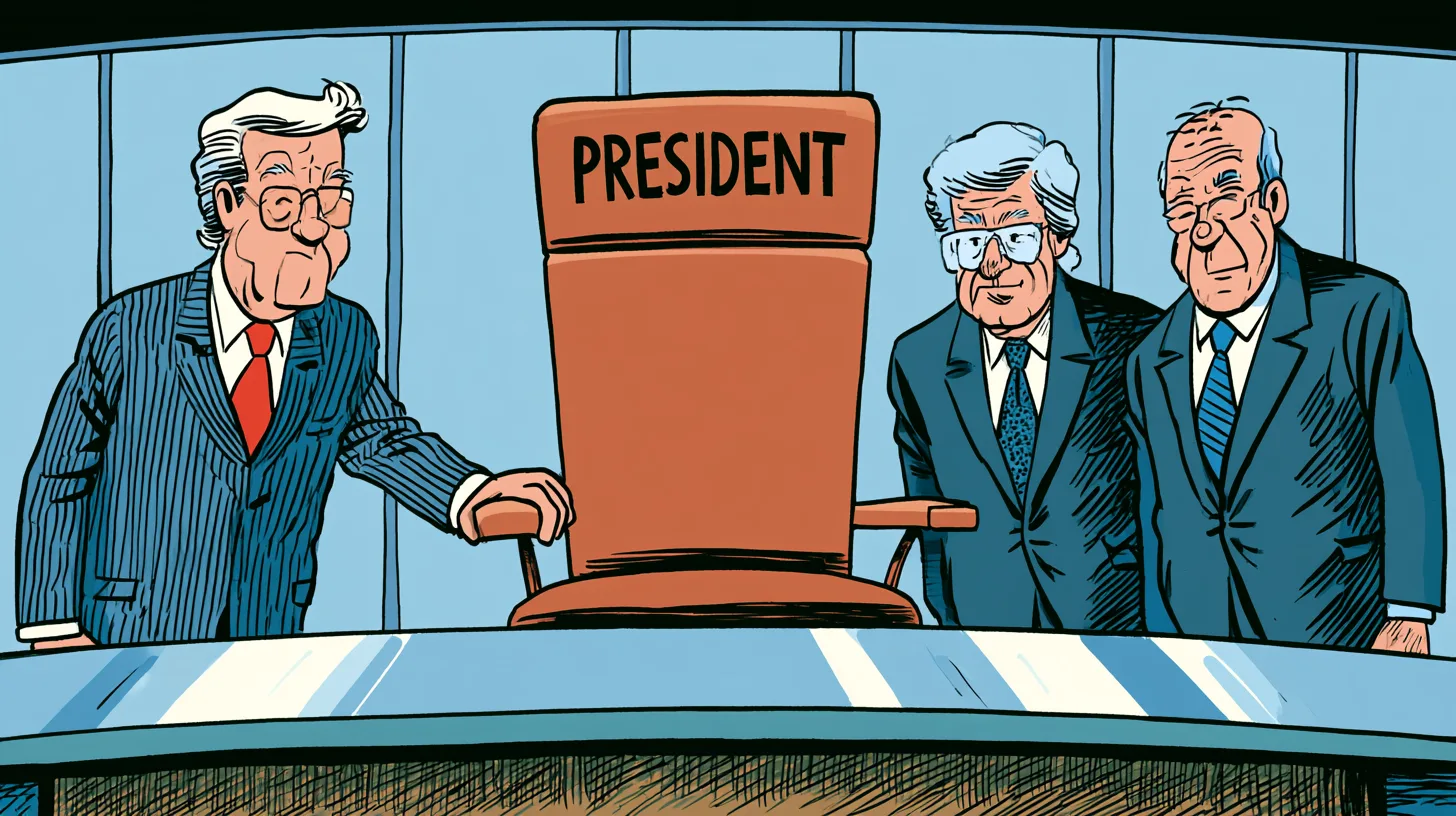 The president’s chair Disney kept struggling to fill after Frank Wells died © History Oasis Frank Wells and Michael Ovitz era at Disney, three executives around an empty chair labelled President