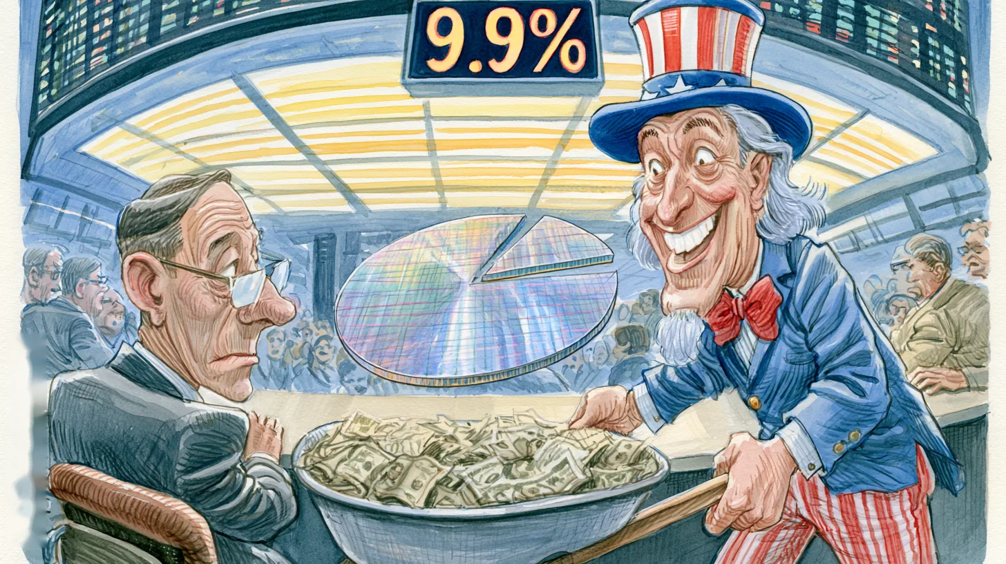 Cartoon of Uncle Sam buying a 9.9 percent stake in Intel, becoming the chipmaker's largest shareholder in 2025