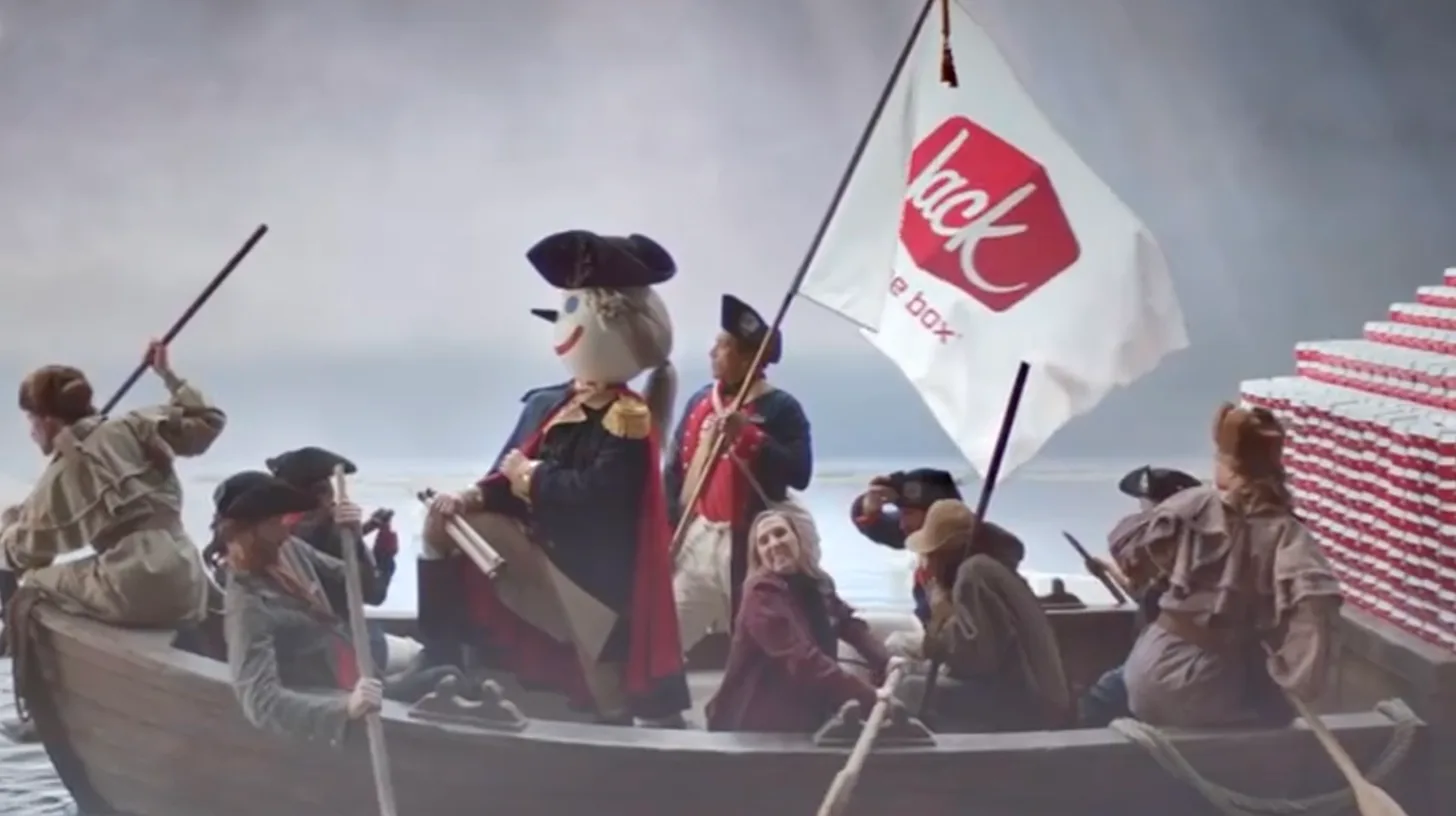 Jack crosses the Delaware in “Declaration of Delicious,” Super Bowl 50 — Jack in the Box/David&Goliath Jack Box as George Washington crossing the Delaware in a Super Bowl 50 commercial
