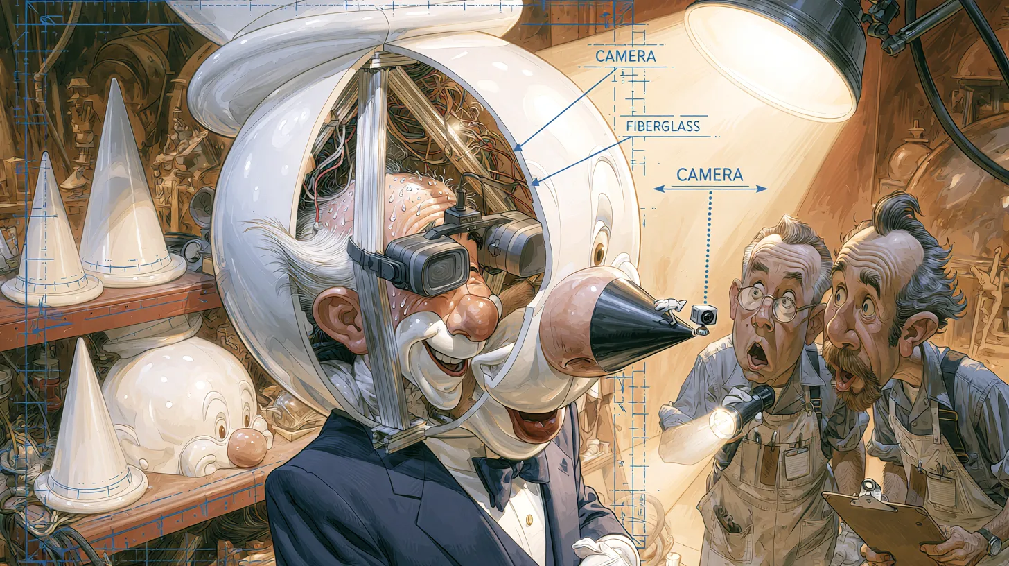 Inside Jack’s head: fiberglass, wiring, and a camera in the nose © History Oasis Cutaway cartoon of the Jack in the Box mascot head showing the performer, video goggles and nose camera