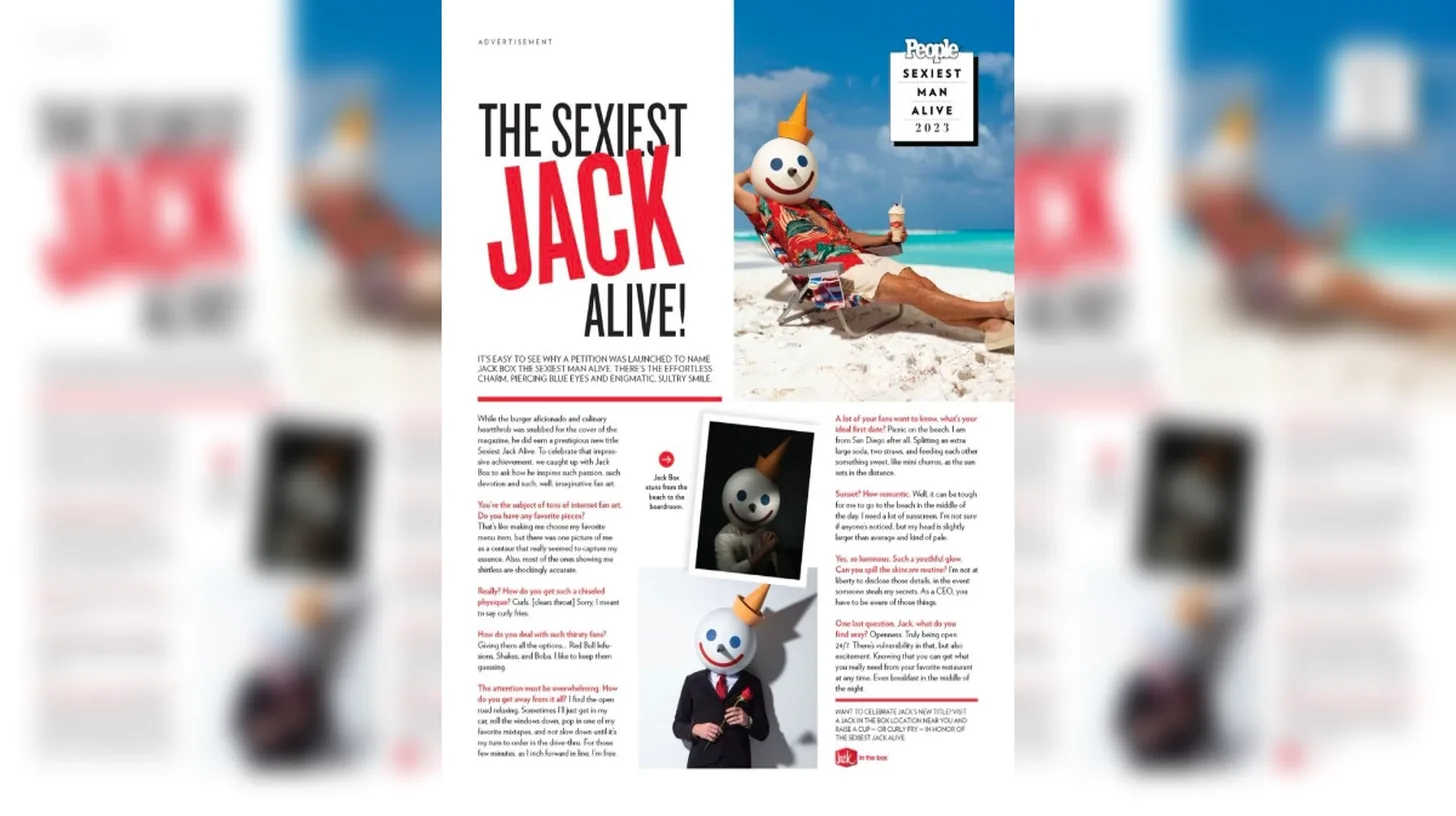 Jack’s advertorial interview in PEOPLE’s Sexiest Man Alive issue — Jack in the Box/PEOPLE, 2023 PEOPLE magazine Sexiest Jack Alive advertorial spread featuring Jack Box