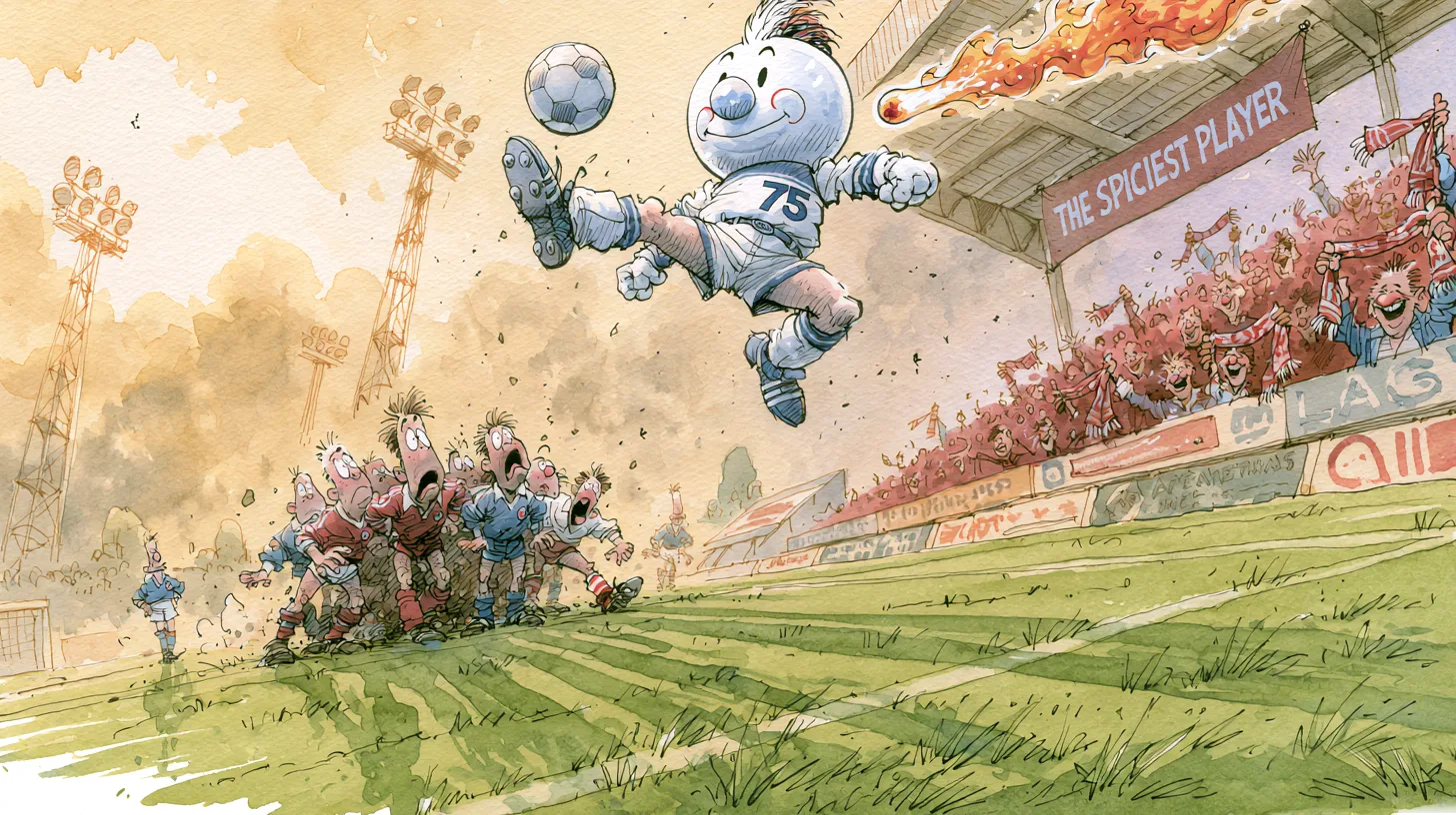 Jack Box, 1980s soccer legend, jersey number 75 © History Oasis Jack Box mascot bicycle-kicking as a 1980s soccer legend, watercolor cartoon