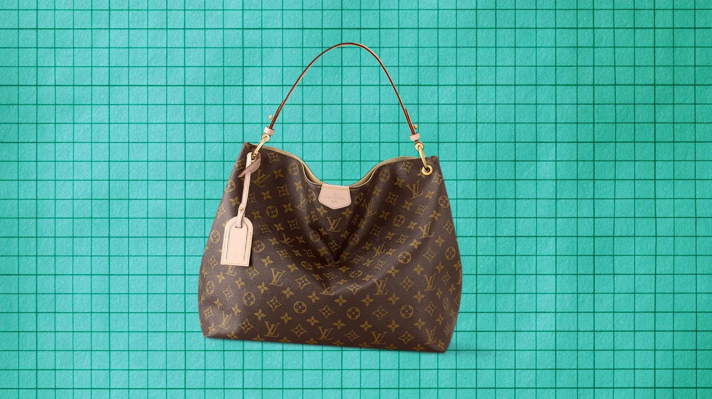 The Graceful, the one bag Louis Vuitton openly calls retired — Louis Vuitton A Louis Vuitton Monogram Graceful hobo bag with a single slim leather shoulder strap and a vachetta luggage tag, against a teal grid