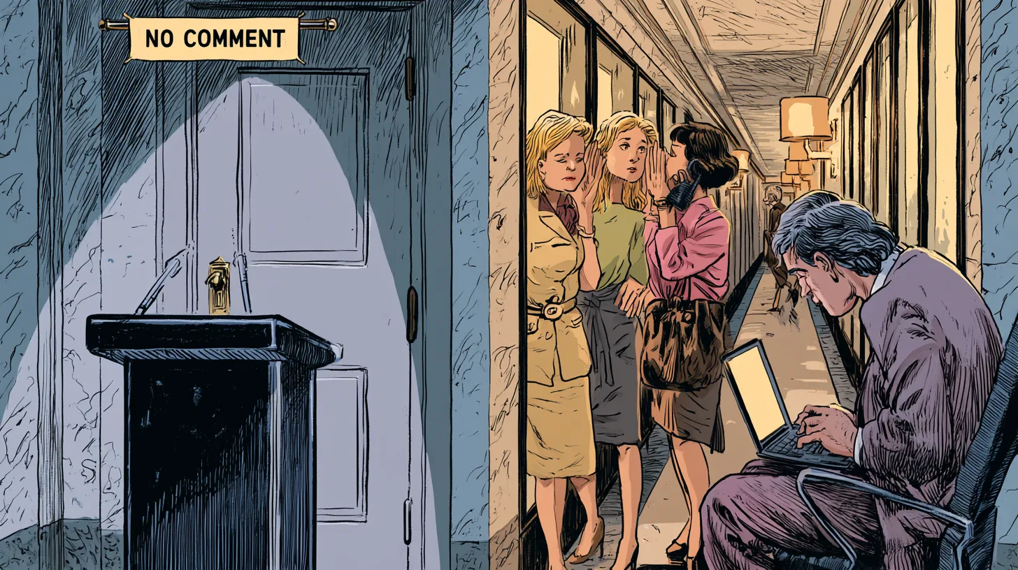 No press release, no farewell post, just a whisper passed down the line — illustration © History Oasis Illustration of an empty press podium under a NO COMMENT banner beside a locked boardroom door, while women whisper a rumor down a corridor to a man typing at a laptop