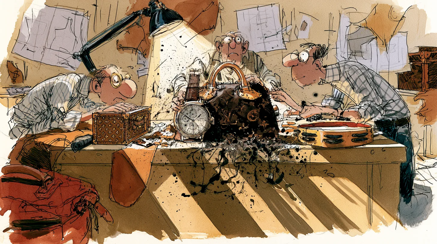 Three real Louis Vuitton names, stitched into one bag that never was — illustration © History Oasis Illustration of three bewildered craftsmen at a workbench trying to stitch a wristwatch, a small monogram trunk and a tambourine into one handbag that dissolves into ink splatters