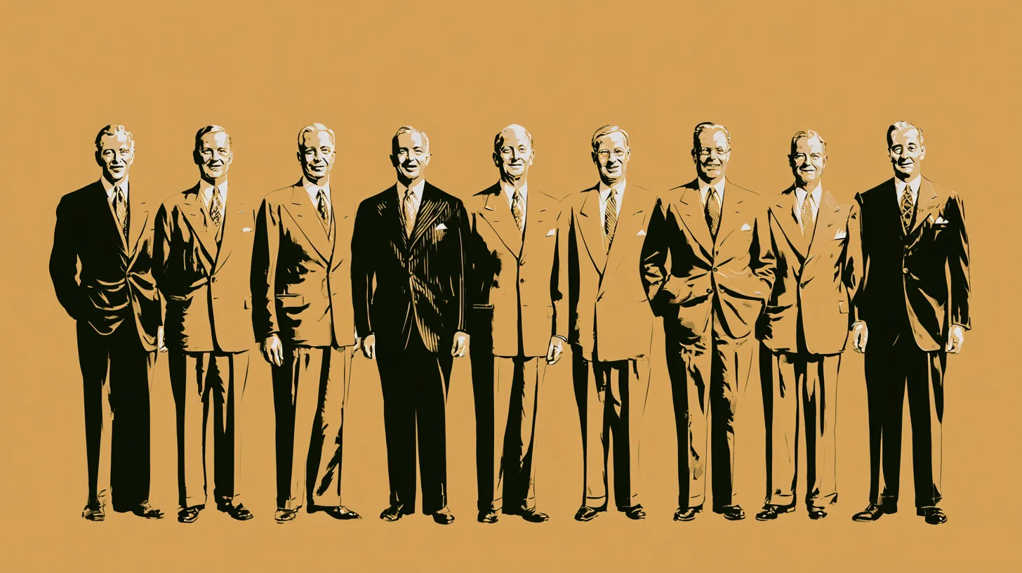 The committee era: after the Mayo brothers, a physician-led board ran the clinic © History Oasis Illustration of a row of suited mid-century Mayo Clinic leaders standing side by side on a gold background