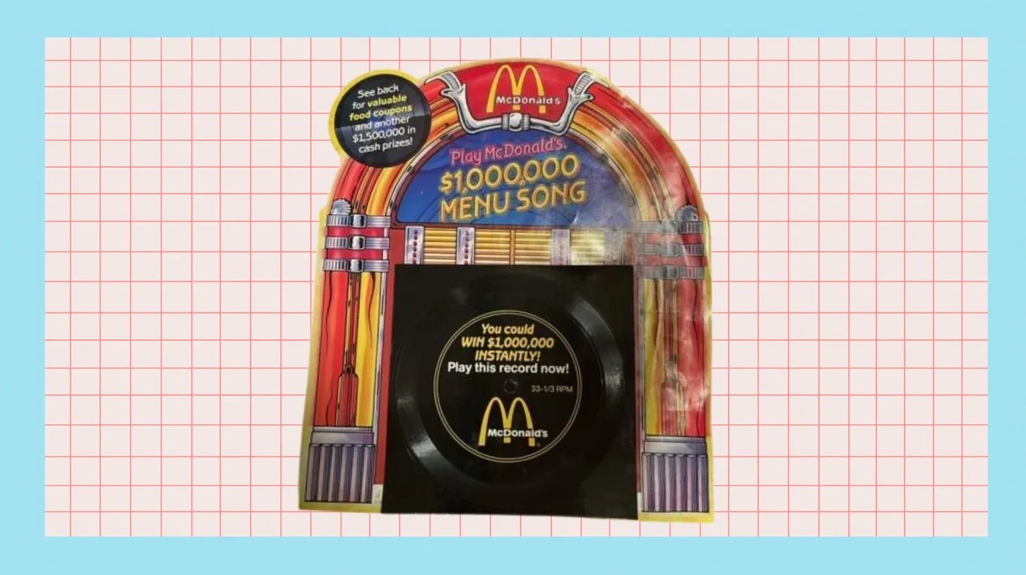 1988 McDonald's Menu Song flexi disc record in jukebox shaped sleeve