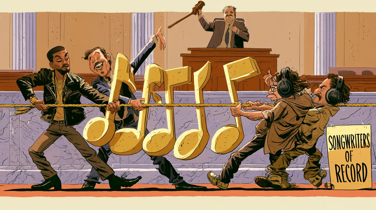 Cartoon courtroom tug of war over five golden musical notes between claimants and two composers