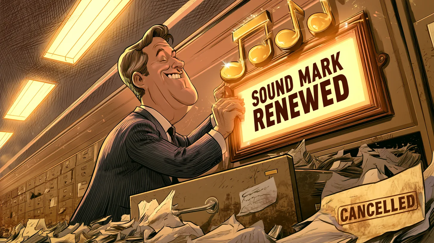 Cartoon clerk polishing a Sound Mark Renewed certificate above a drawer of cancelled paperwork