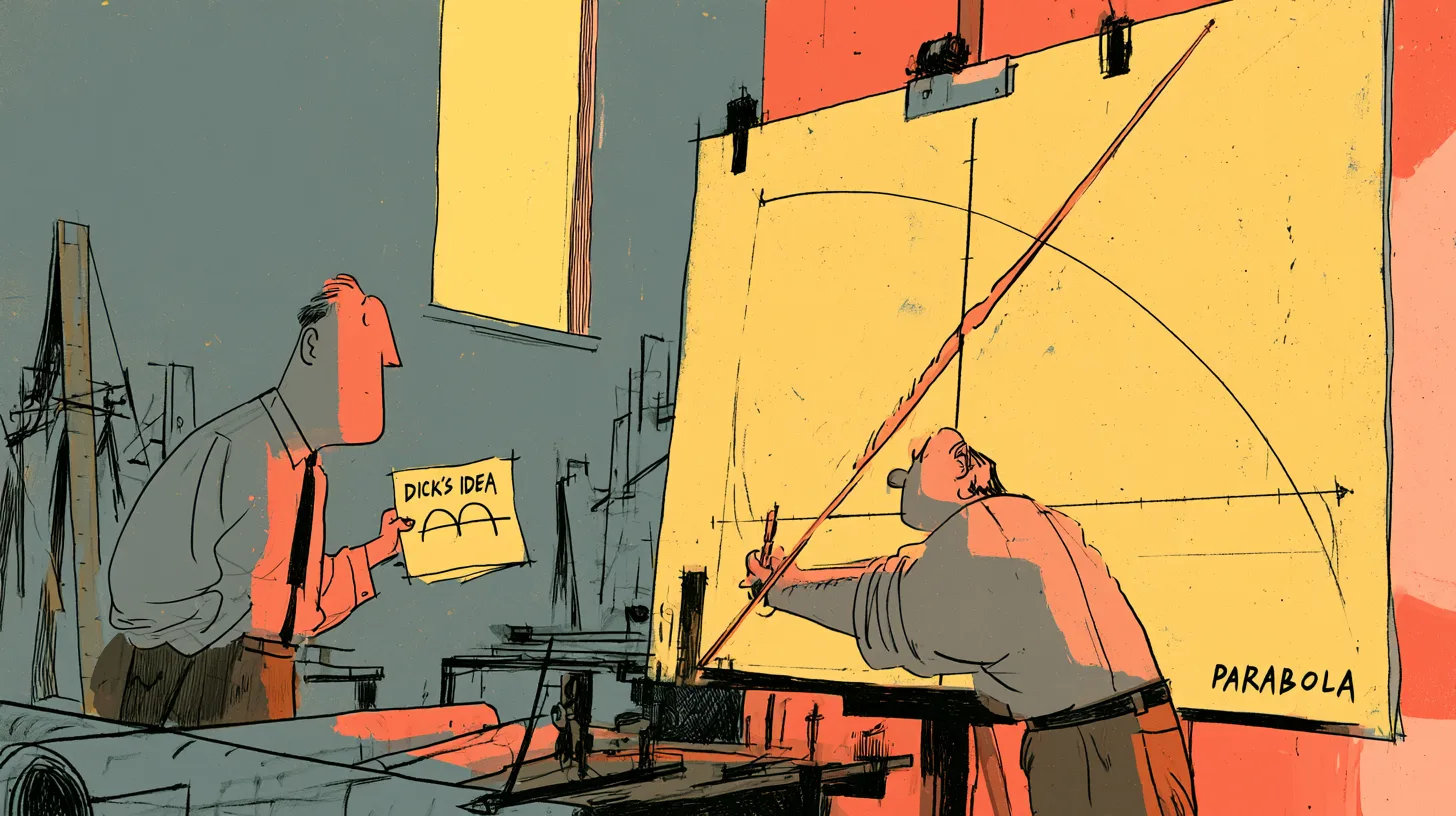 Cartoon of a draftsman bending a half-circle sketch into a tapered parabola on a drawing board labeled PARABOLA
