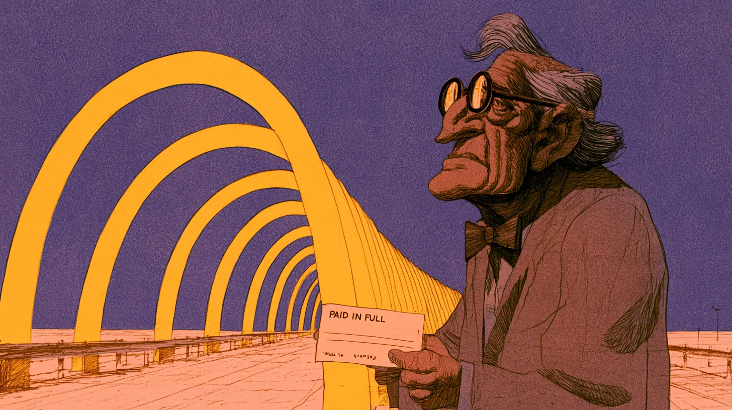 Cartoon of a stooped architect in a bow tie holding a check marked PAID IN FULL before an endless receding row of golden arches