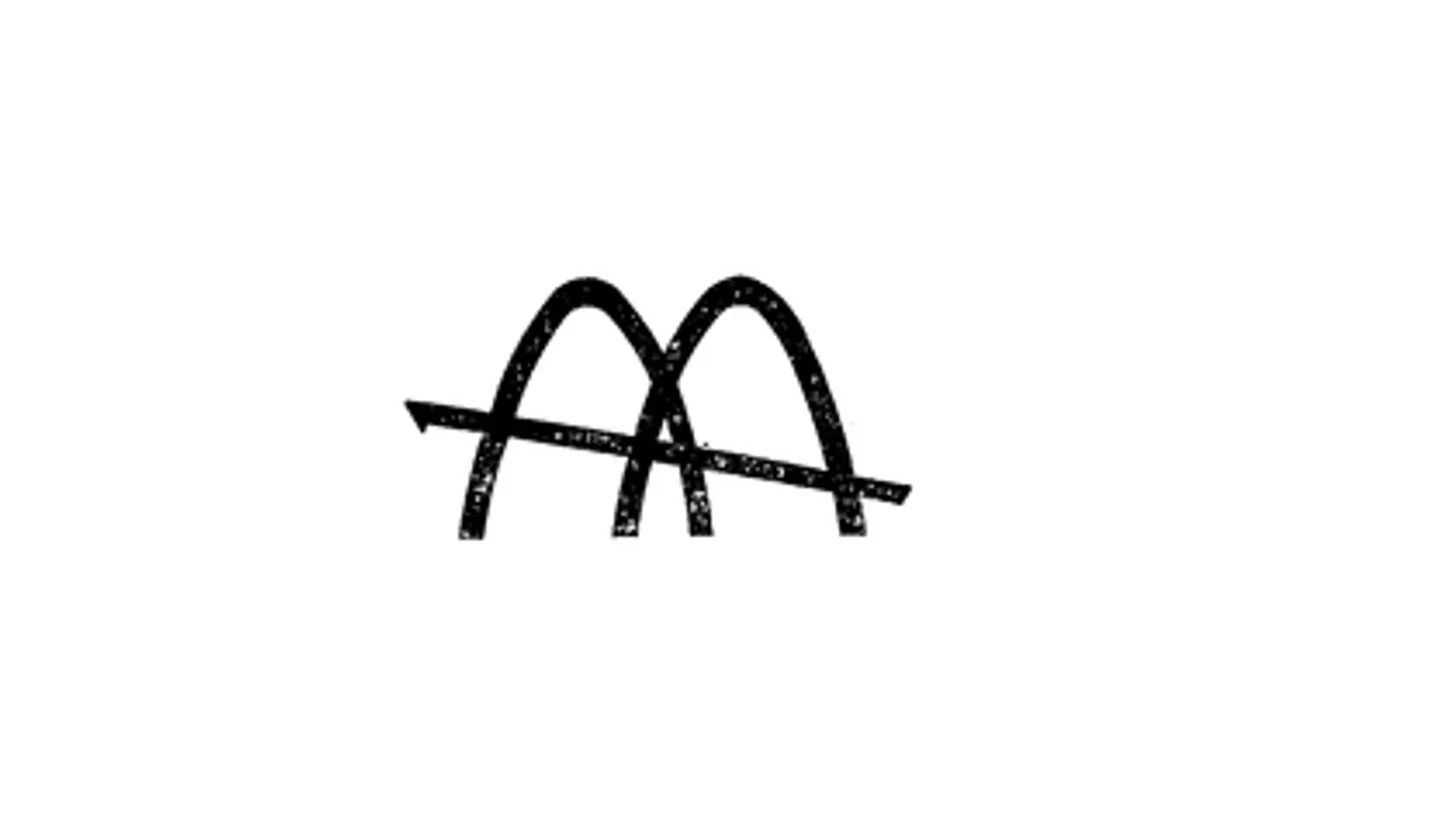 Official 1961 McDonald's M trademark drawing showing the two golden arches crossed by a diagonal roofline