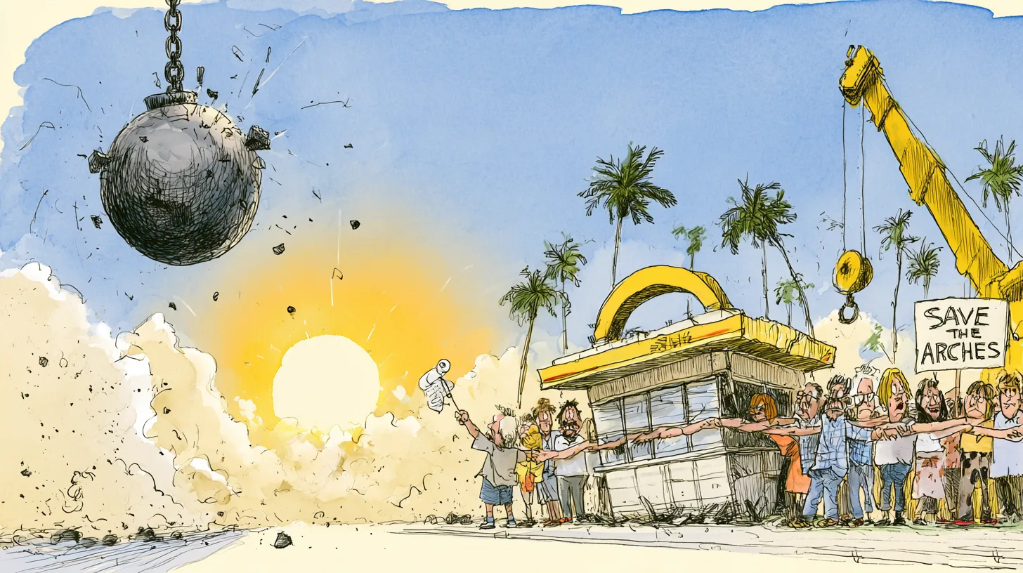 Cartoon of residents linking arms in front of a small arched hamburger stand to block a wrecking ball, one holding a SAVE THE ARCHES placard