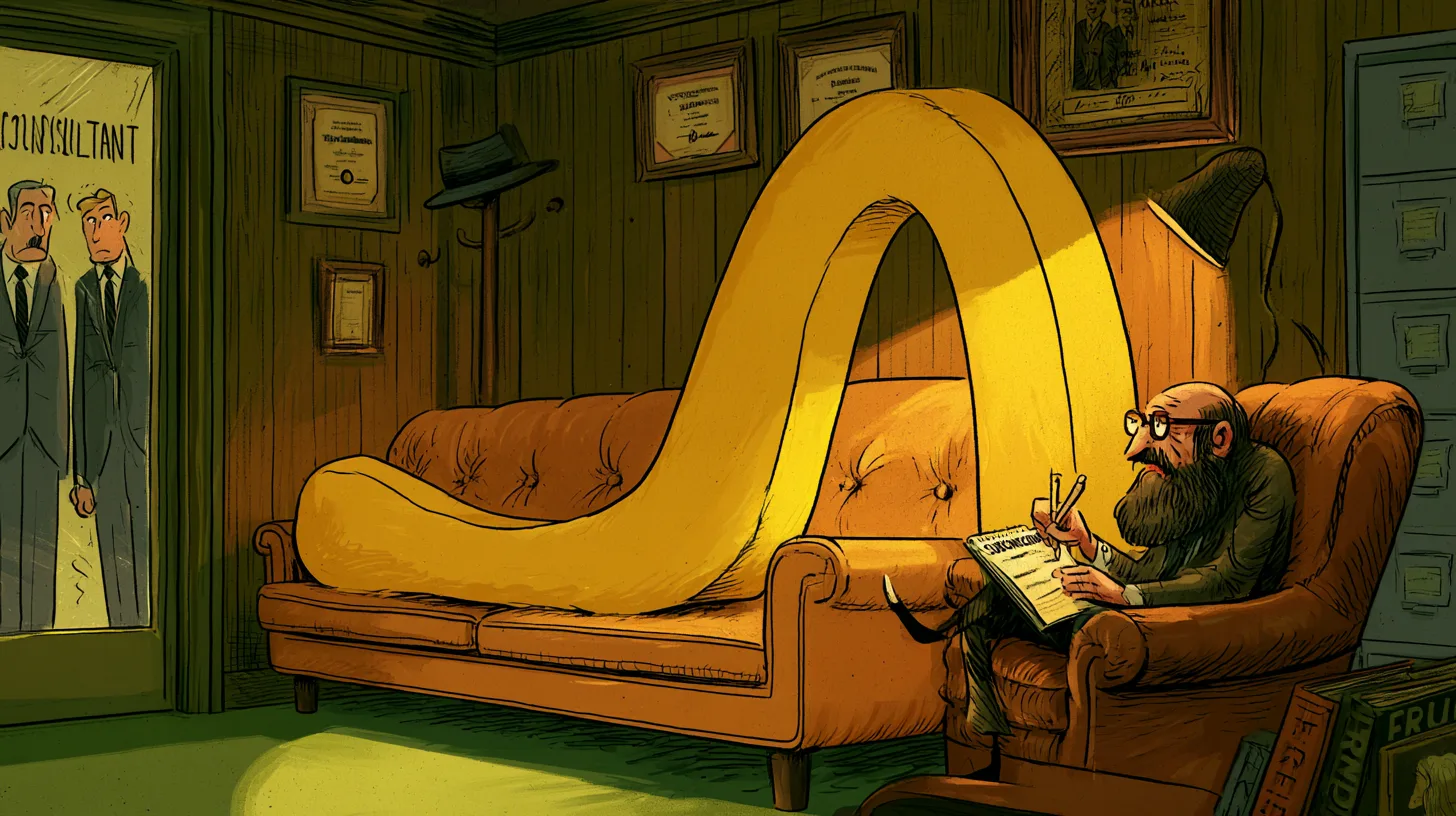 Cartoon of a giant yellow McDonald's arch reclining on a psychiatrist's couch while a bearded consultant takes notes and two executives watch through a door marked CONSULTANT