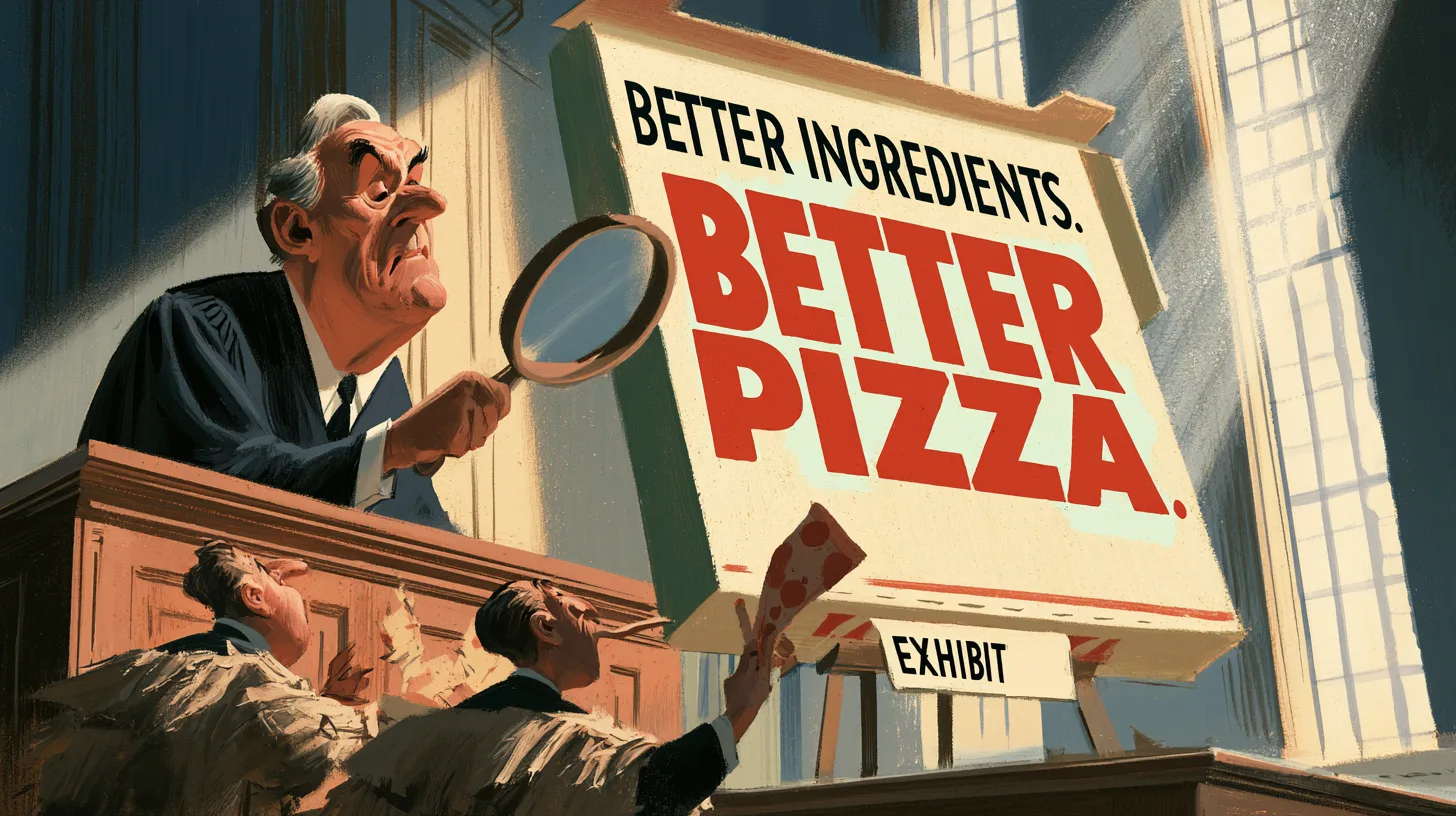 A judge inspects the slogan as courtroom evidence © History Oasis Cartoon judge examining a giant Better Ingredients Better Pizza box marked exhibit in a courtroom
